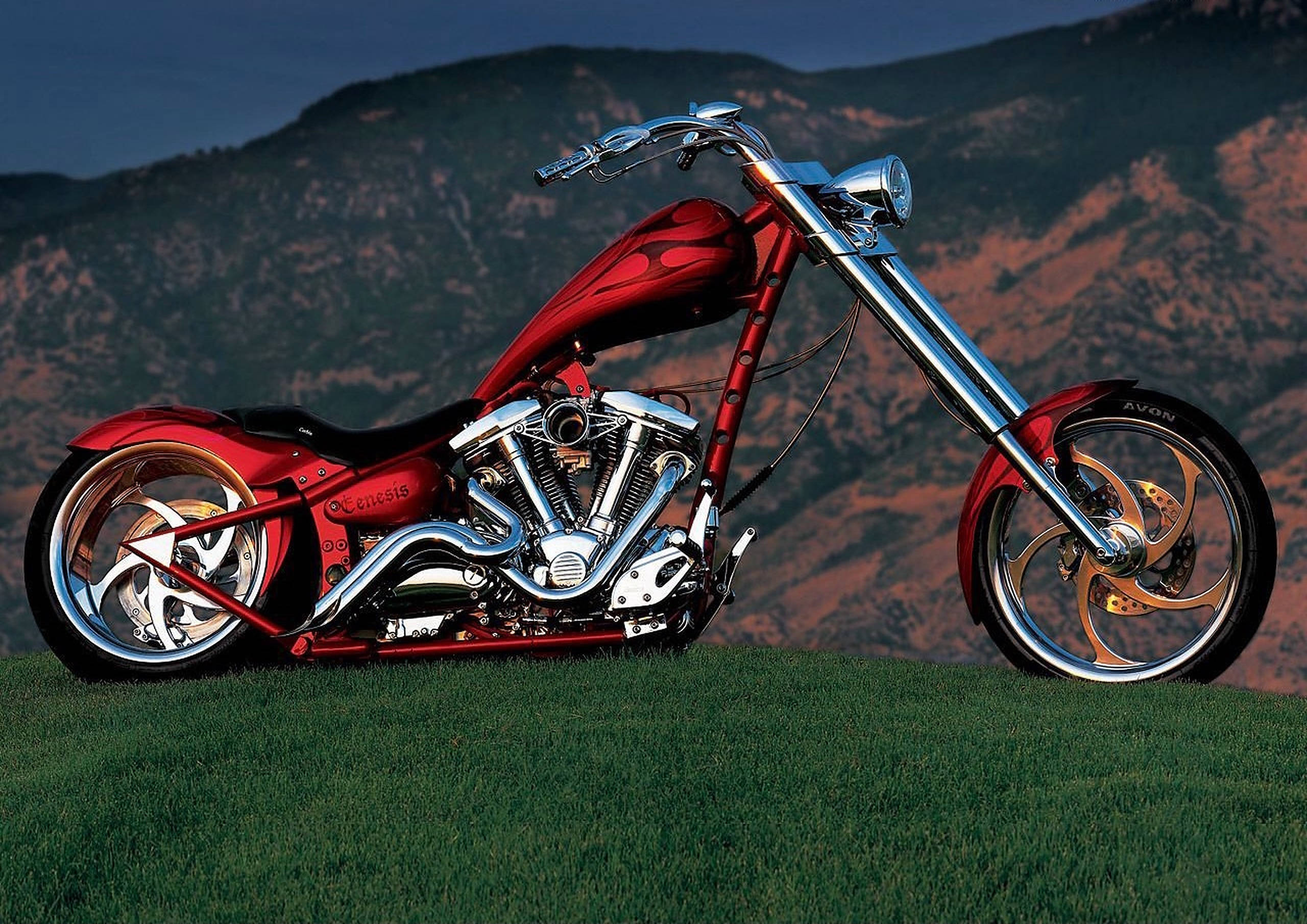 chopper motorcycle, matte red, chrome accents, 2K Desktop Wallpaper
