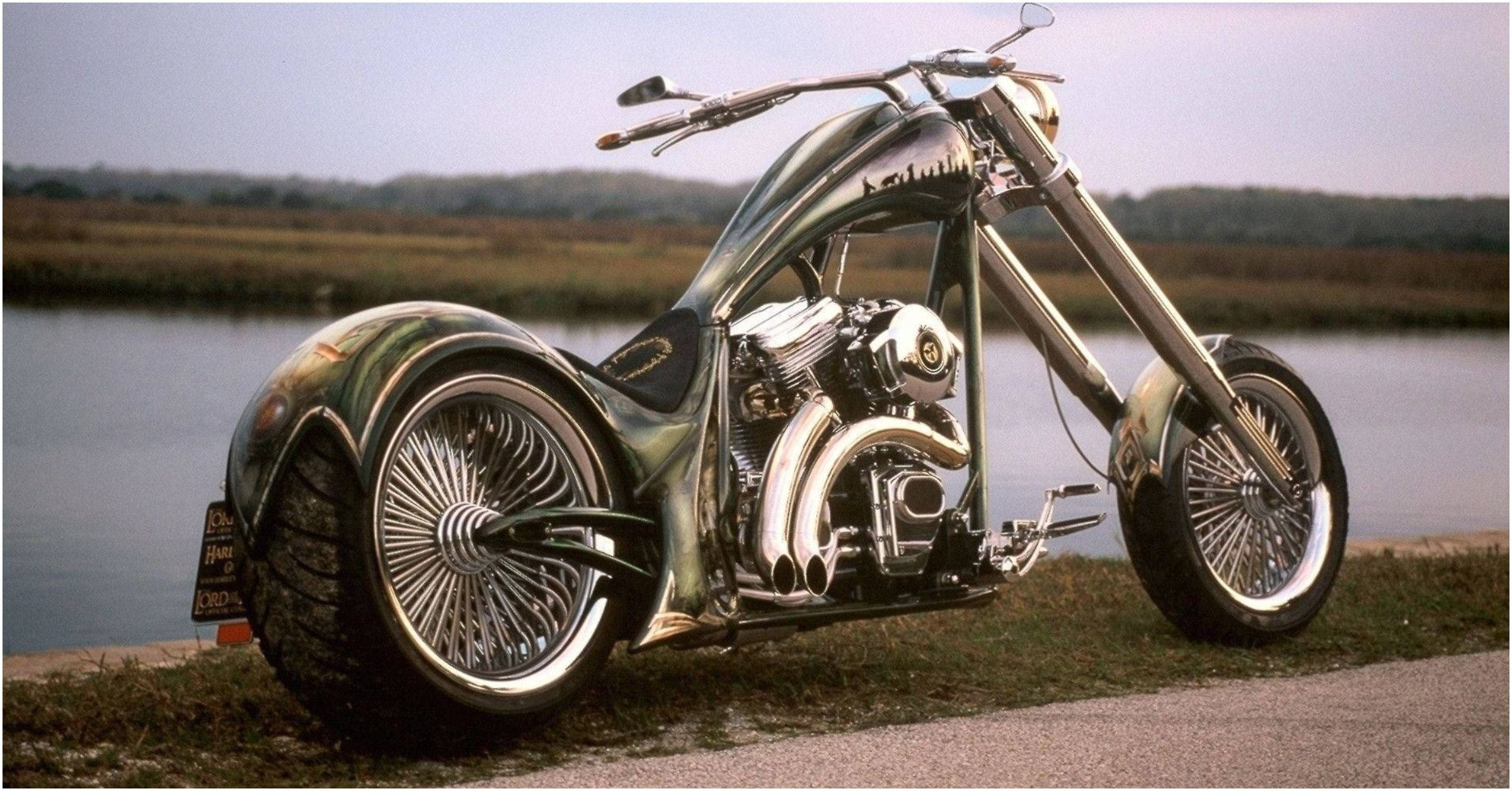 chopper motorcycle, chrome details, large spoked wheels, Full HD Desktop Wallpaper