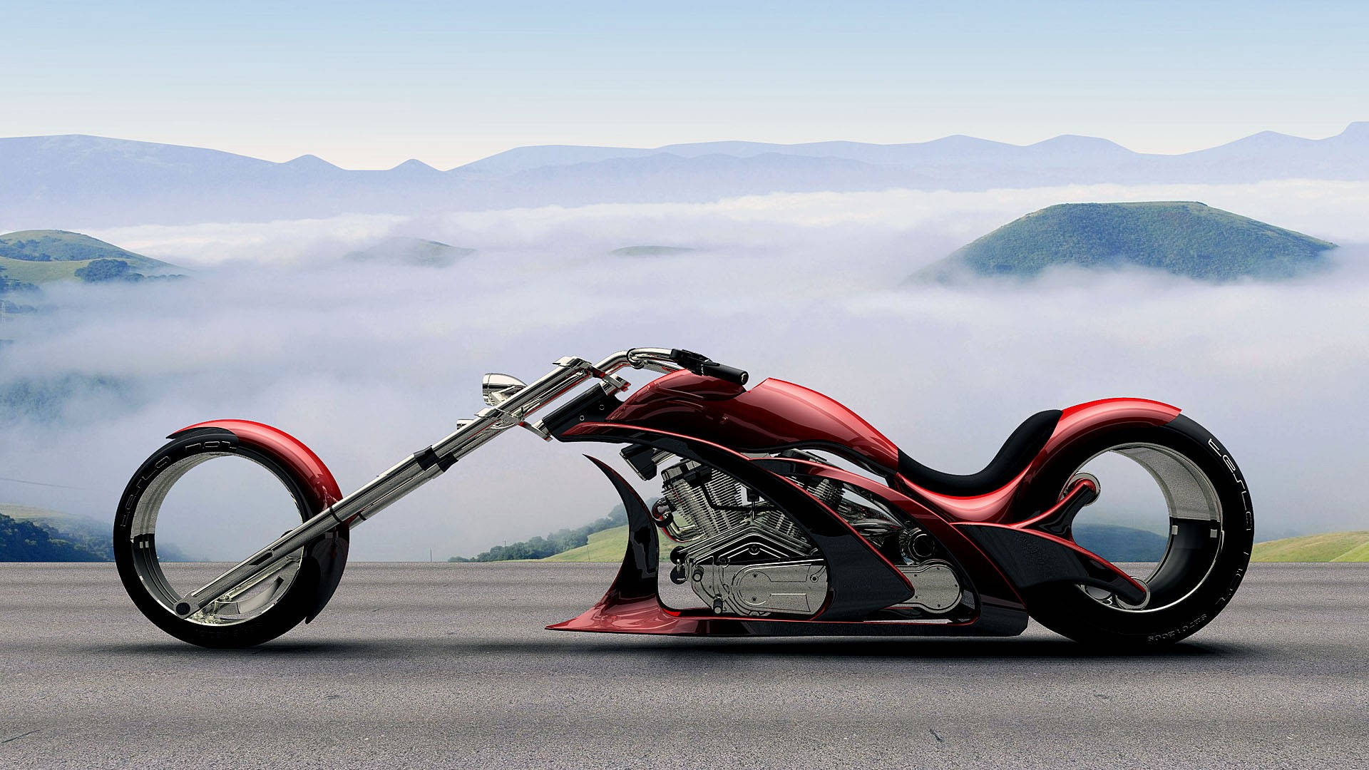 red chopper motorcycle, sea of clouds, misty mountains, Full HD Desktop Wallpaper