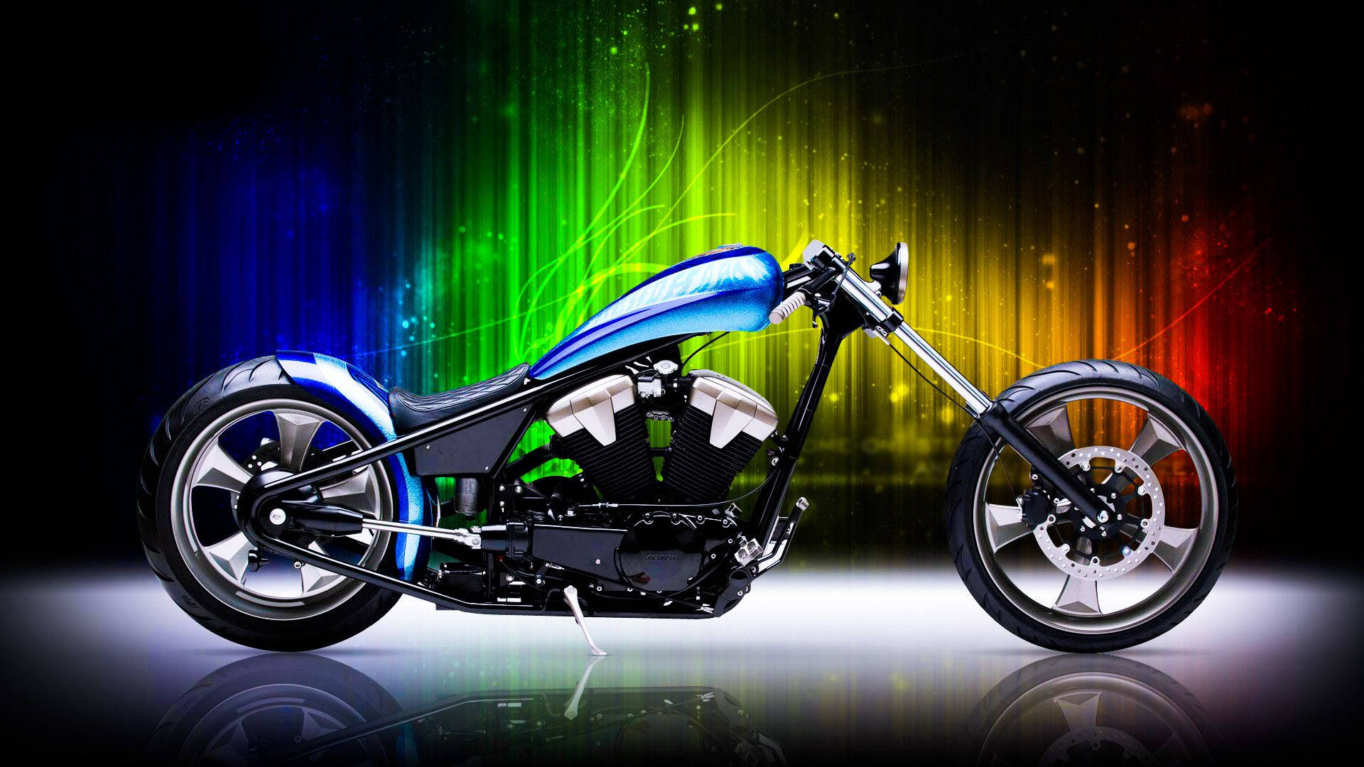 electric blue chopper motorcycle, blue accents, vibrant rainbow light background, Full HD Desktop Wallpaper