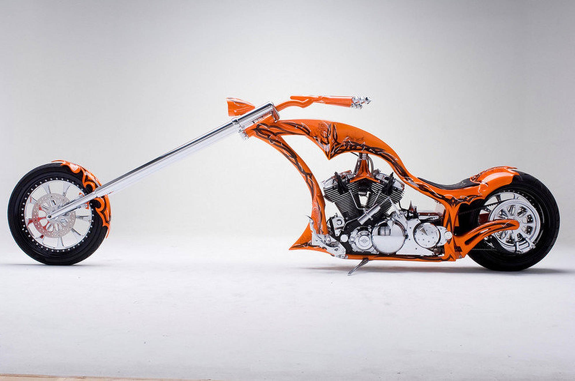 long orange chopper motorcycle, orange and chrome, long handlebars, Full HD Desktop Wallpaper