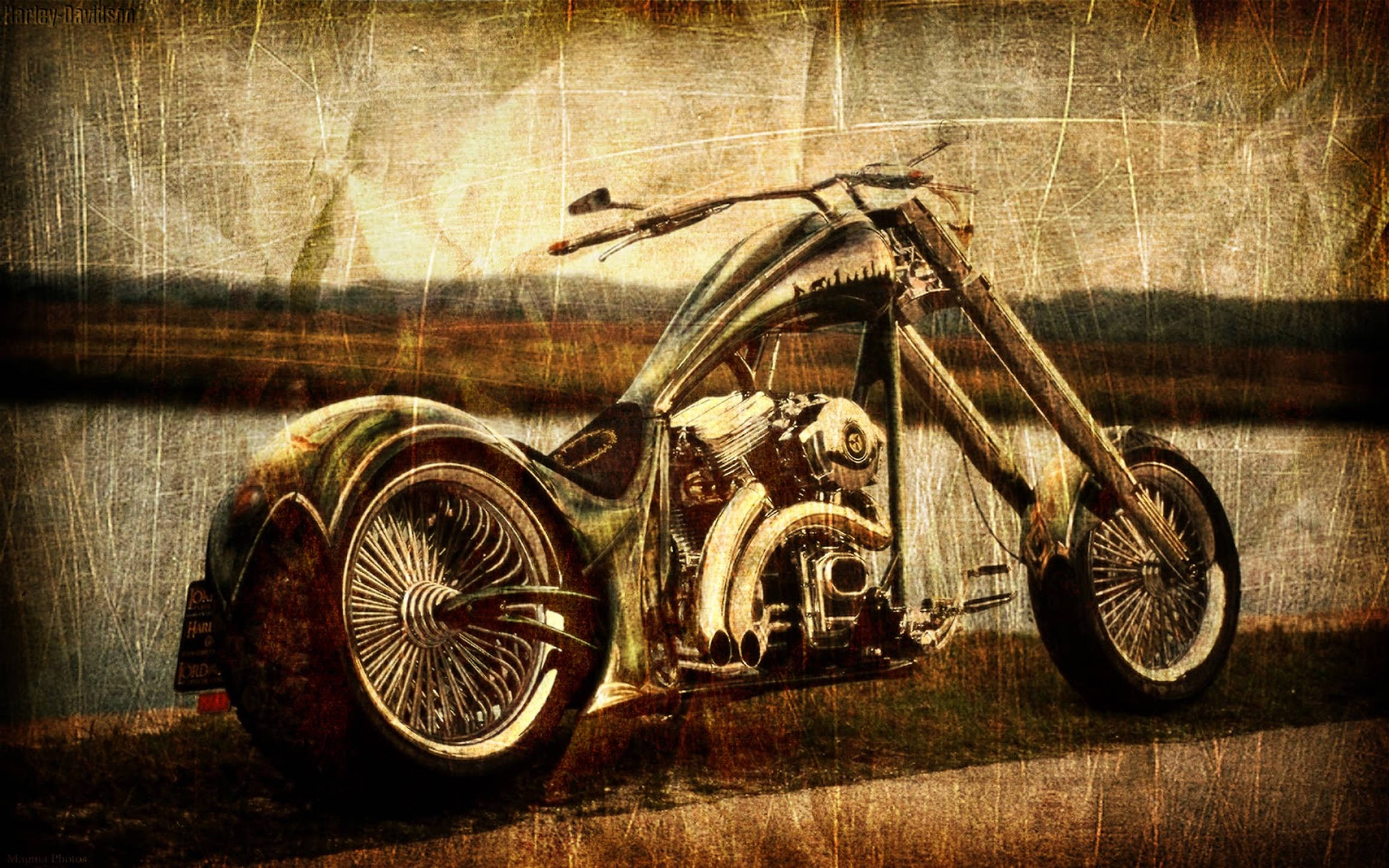 vintage chopper motorcycle, long forks, spoked wheels, Full HD Desktop Wallpaper