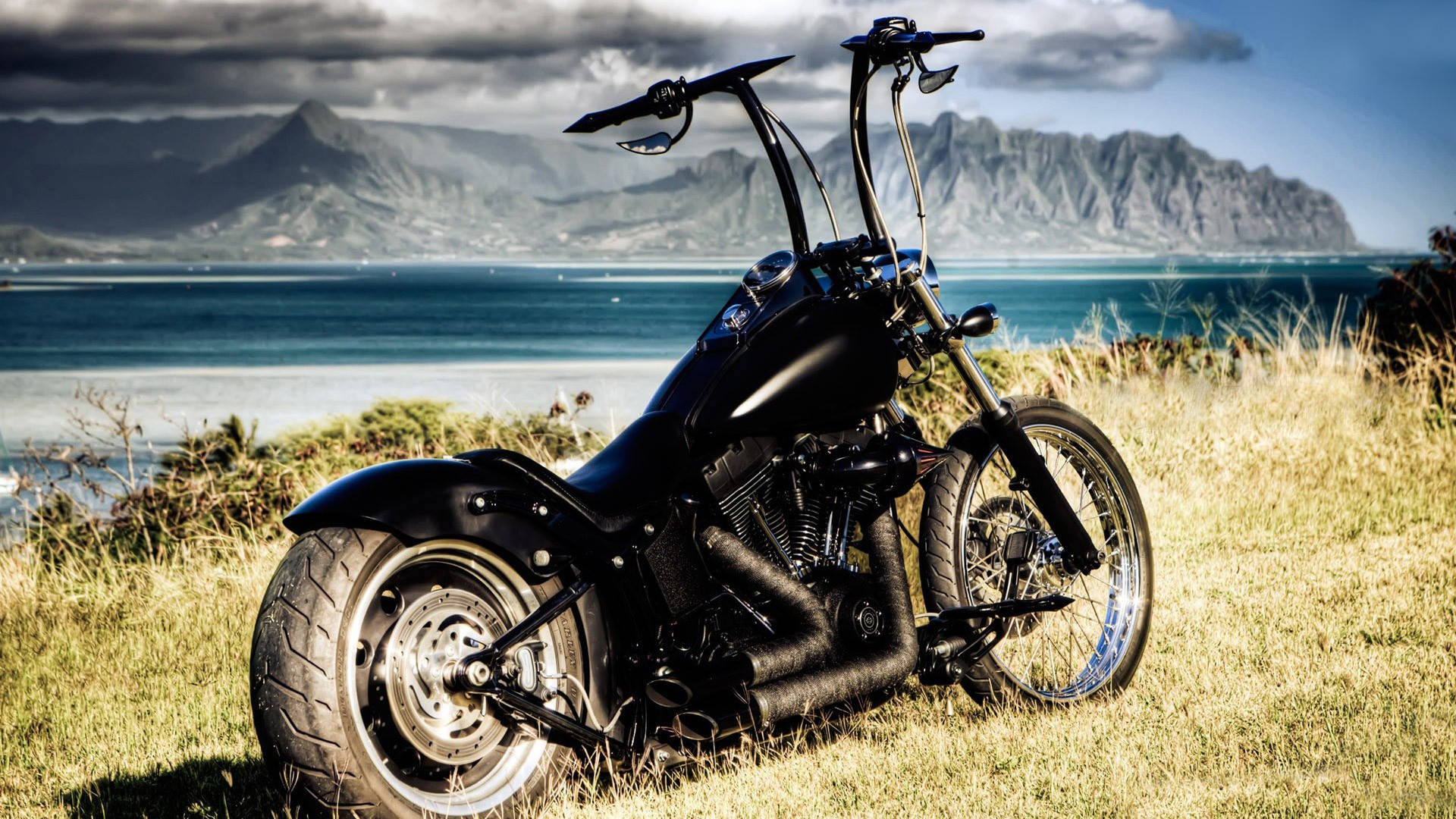 black chopper motorcycle, grassy terrain, vast ocean, Full HD Desktop Wallpaper