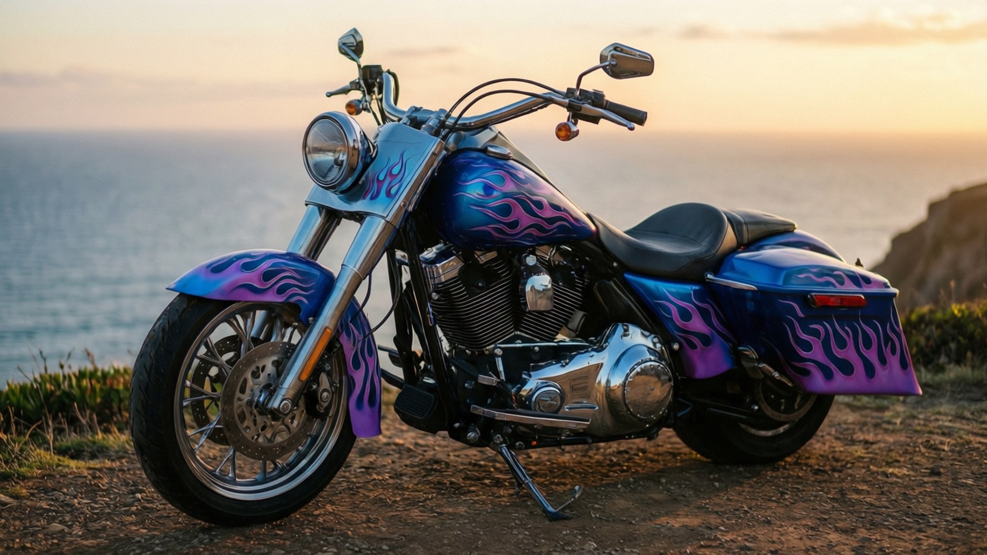 blue purple flames, custom blue and purple flame-painted motorcycle, cliff, Full HD Desktop Wallpaper