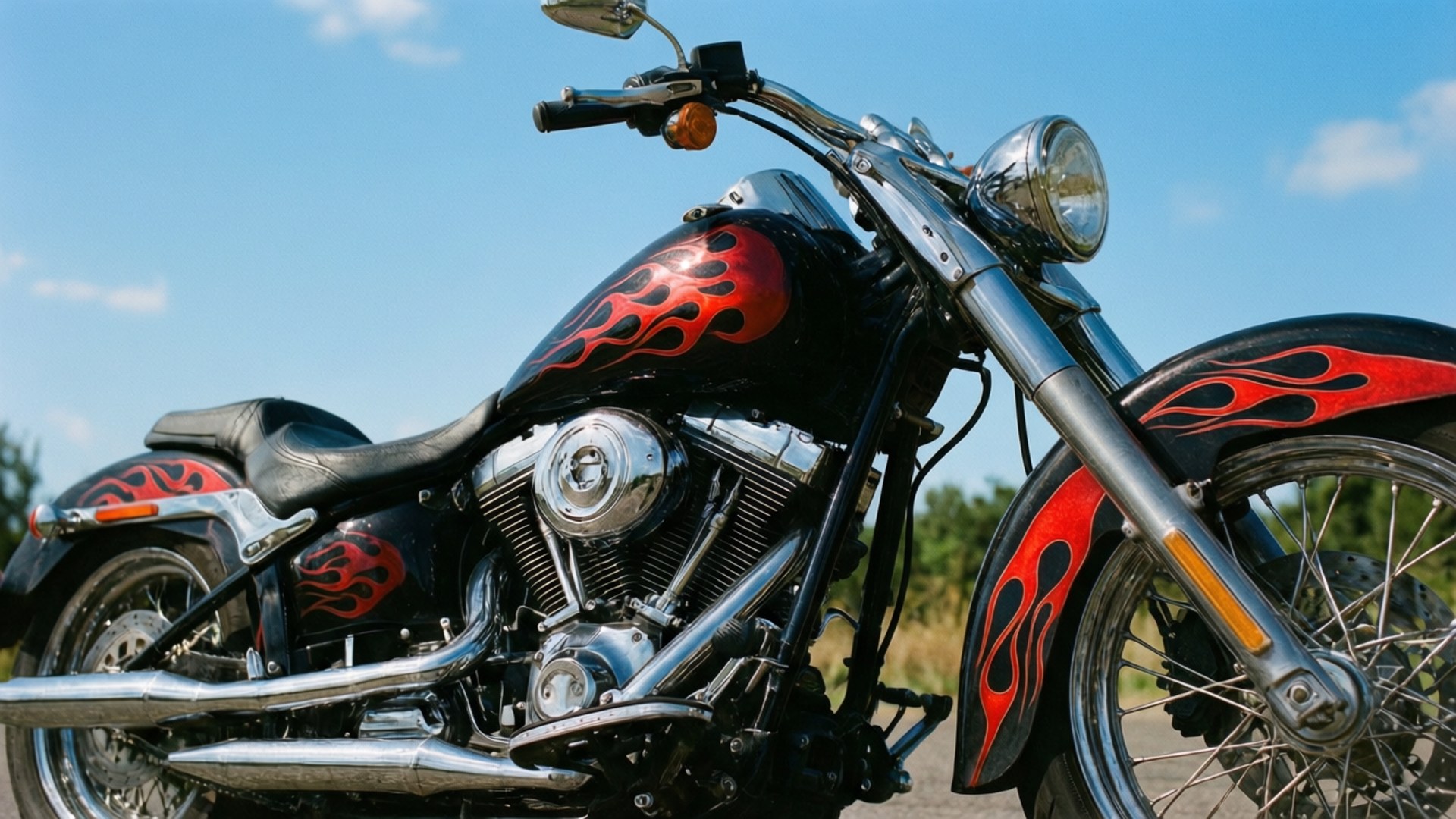 black custom motorcycle, red flame decals, clear blue sky, Full HD Desktop Wallpaper