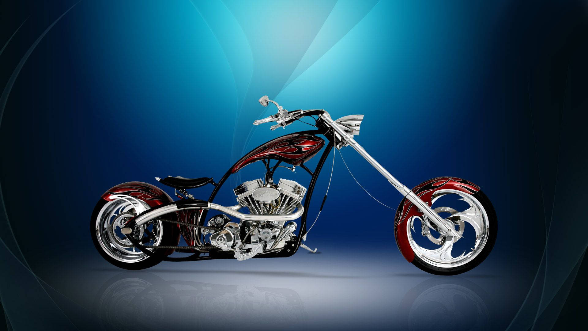 Lightning Red Chopper Motorcycle, chrome accents, red flame decals, Full HD Desktop Wallpaper