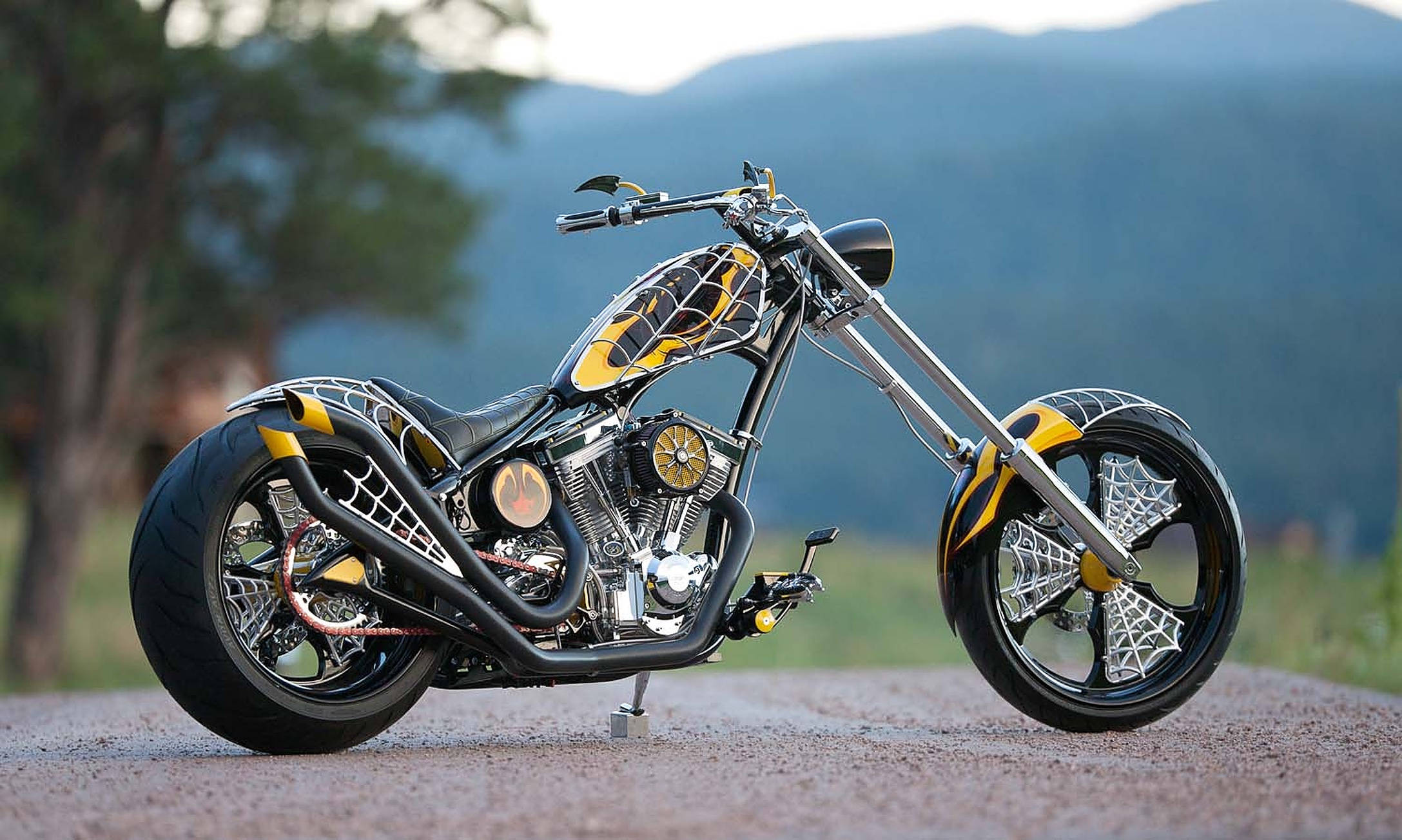 chopper motorcycle, black and yellow spiderweb graphics, gravel road, Full HD Desktop Wallpaper