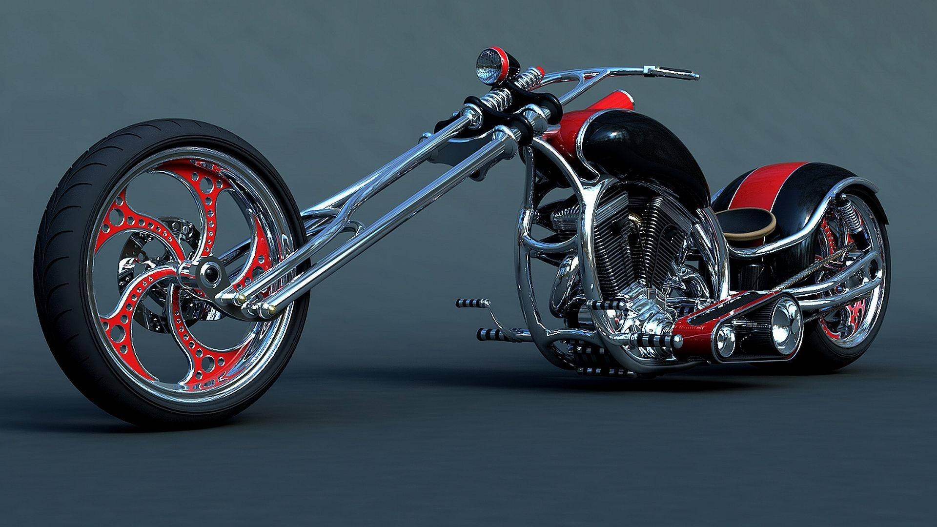 chopper motorcycle, red and black, chrome finish, Full HD Desktop Wallpaper