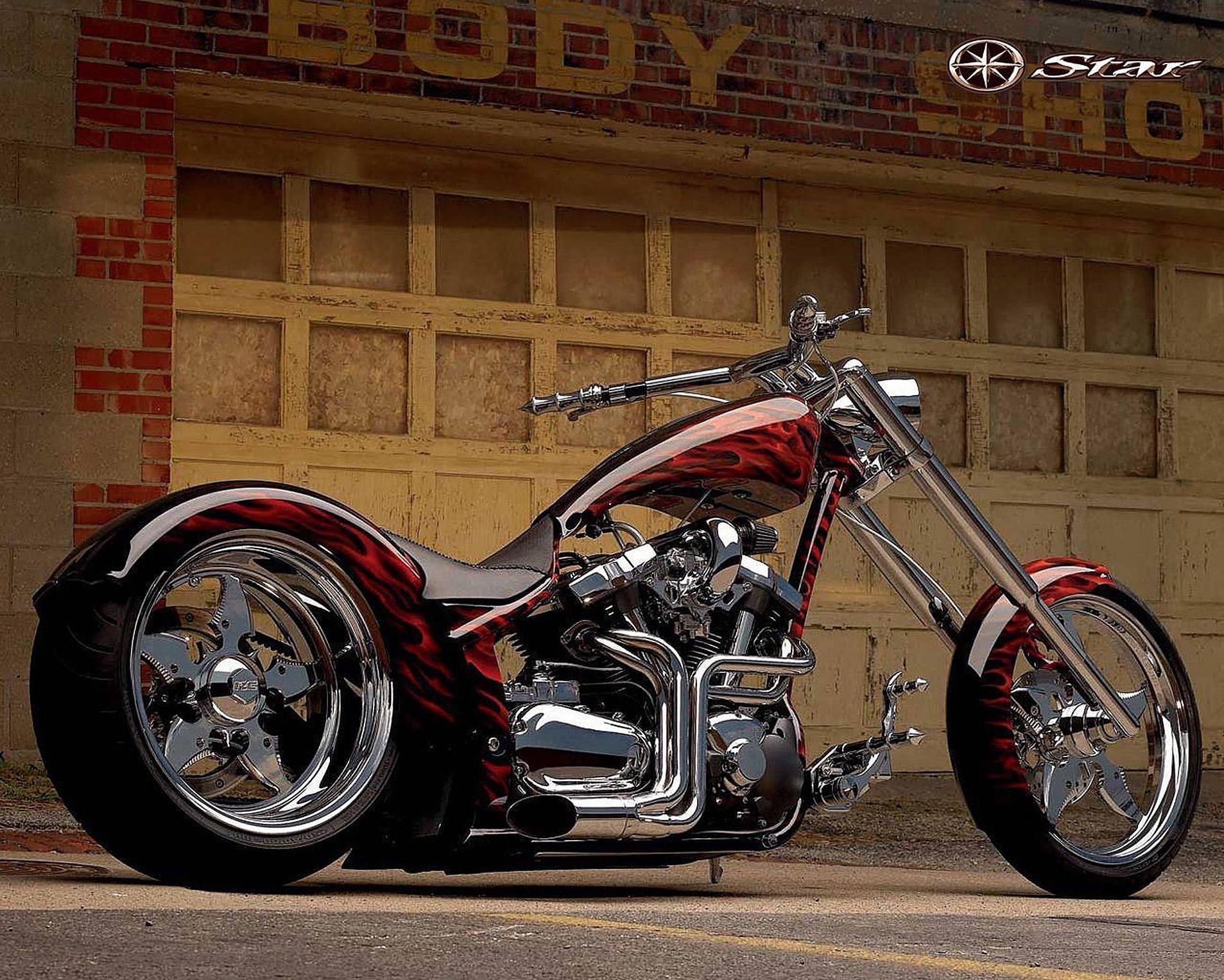 chopper motorcycle, red flame decals, chrome accents, HD Desktop Wallpaper