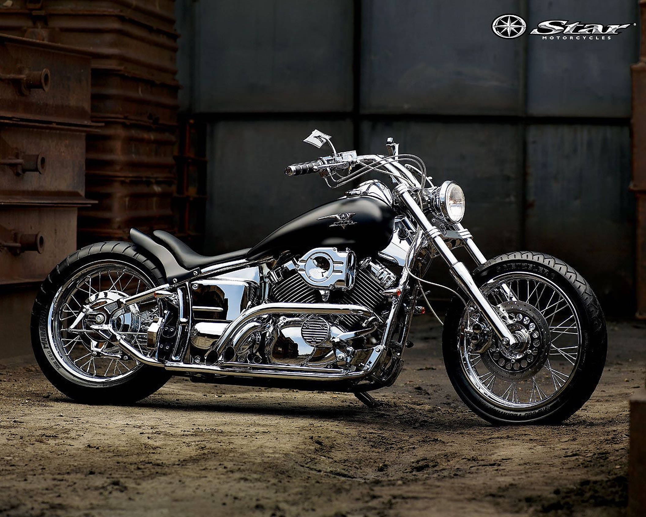 Star motorcycle, gleaming chrome and black, industrial warehouse, Full HD Desktop Wallpaper