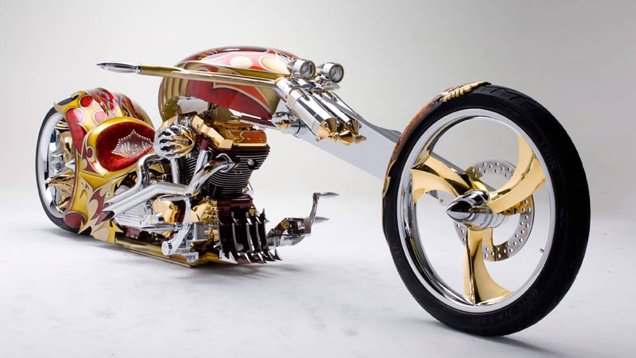 gold-plated chopper motorcycle, gold chrome accents, red flame paint, Full HD Desktop Wallpaper