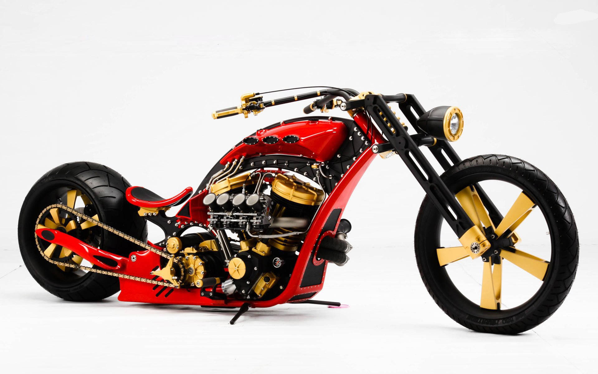 chopper motorcycle, red and gold, exposed engine, Full HD Desktop Wallpaper