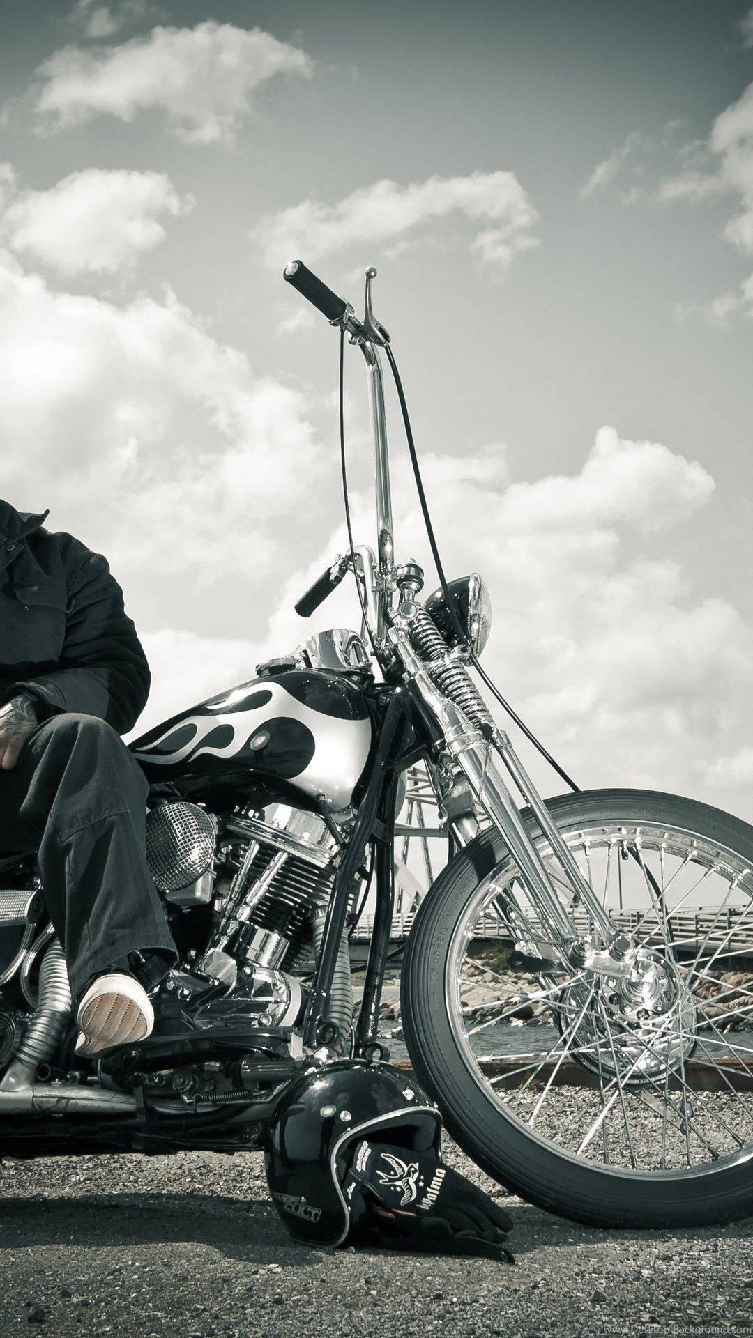 Monochrome Chopper Motorcycle, custom chopper motorcycle, flame decals, Full HD Phone Wallpaper