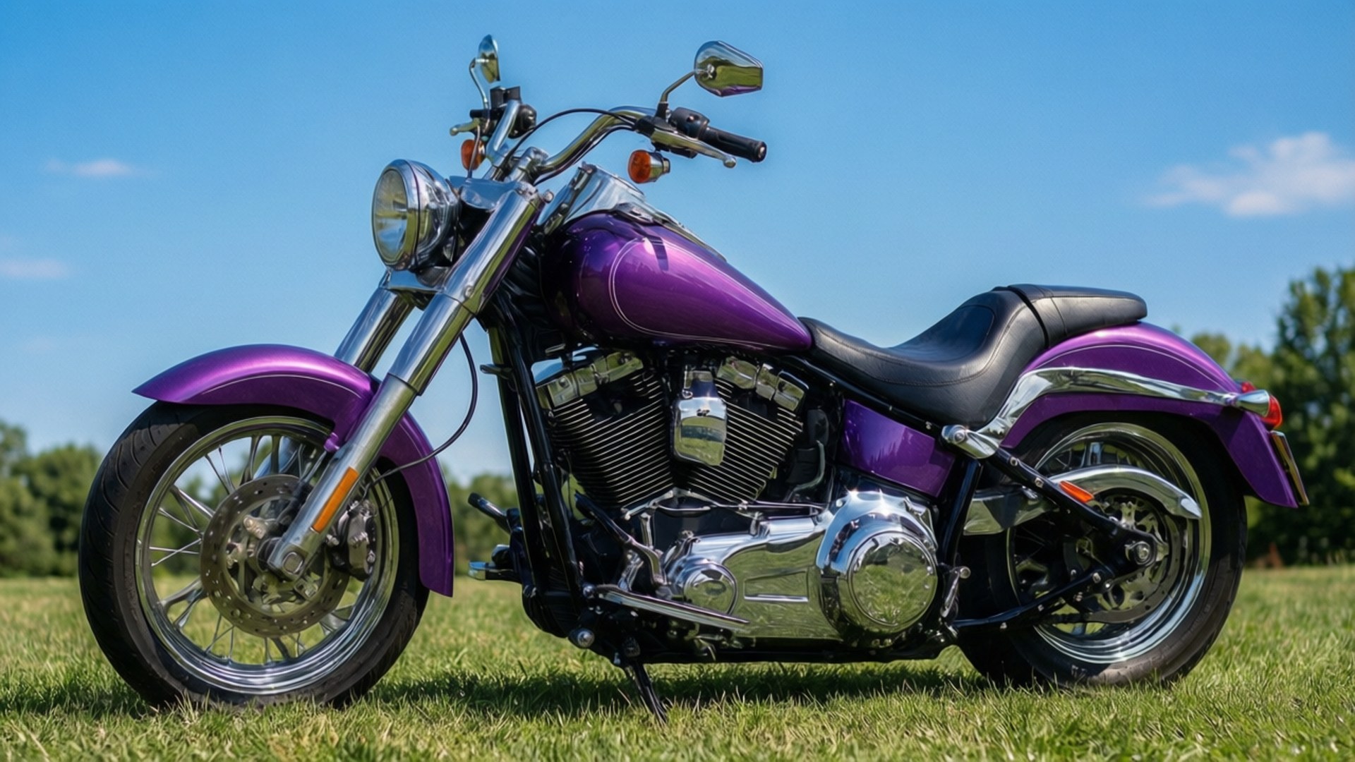 purple metallic chopper, chrome accents, green grass, Full HD Desktop Wallpaper
