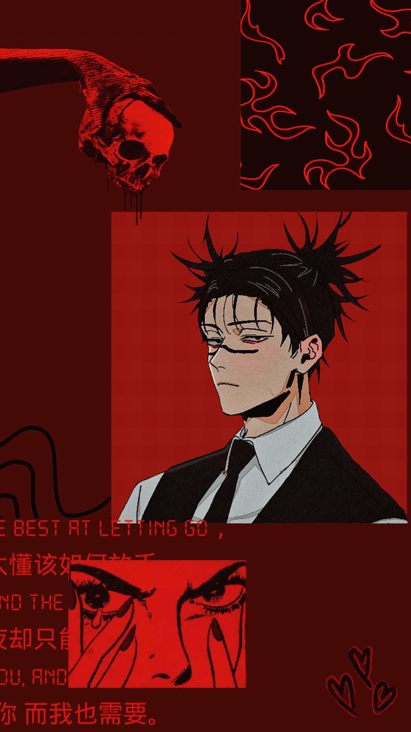 Choso Red Aesthetic, spiky-haired man in a suit, red skull hand, Full HD Phone Wallpaper