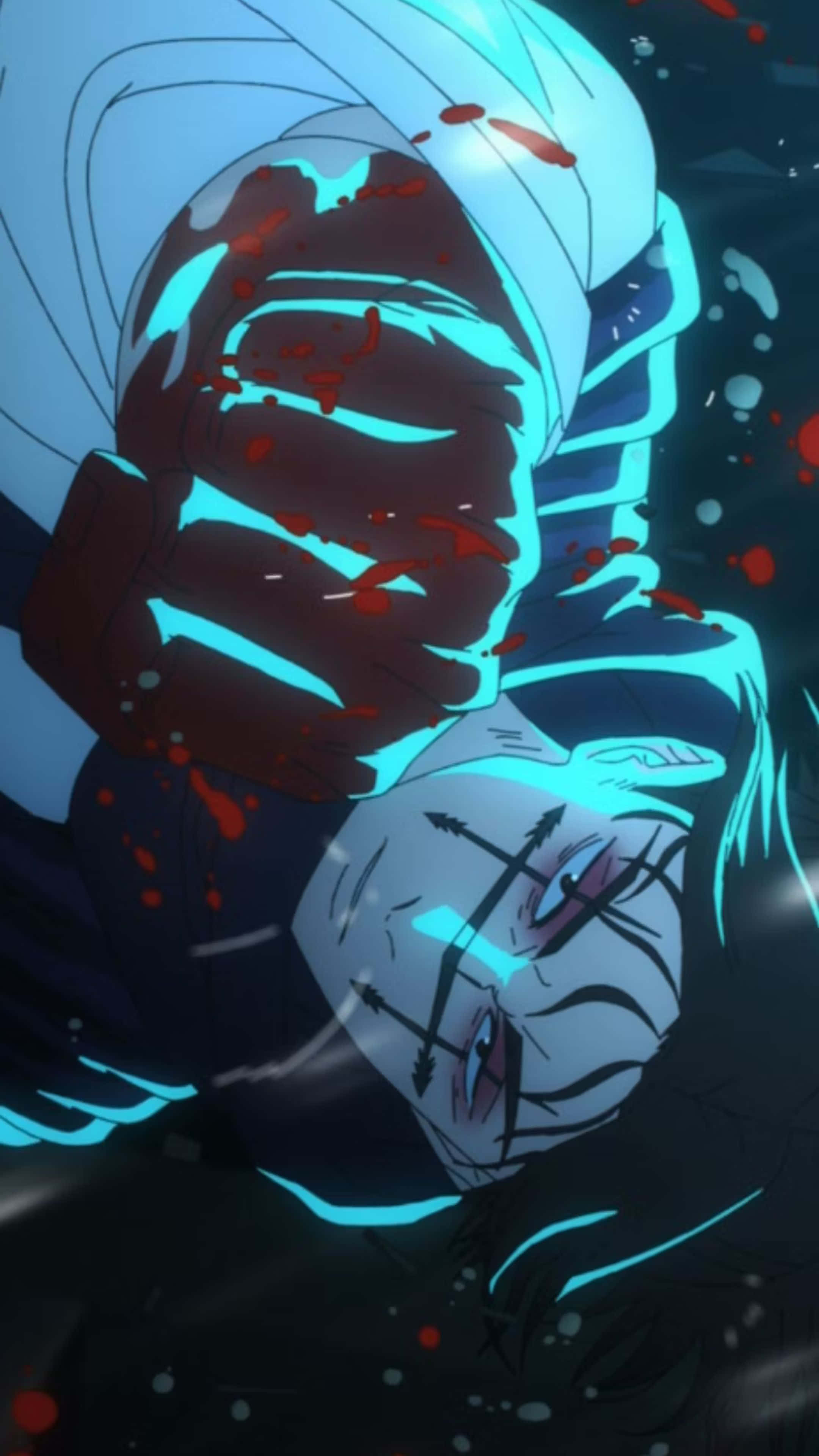 Choso, bloodied, glowing cyan lines, 4K Phone Wallpaper