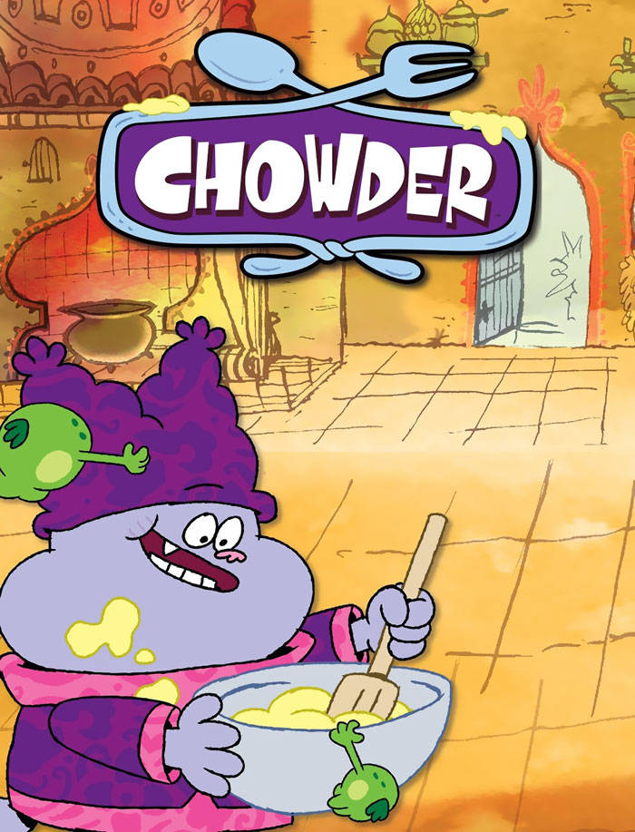 Chowder Cartoon, purple cartoon character, green frog, SD Phone Wallpaper
