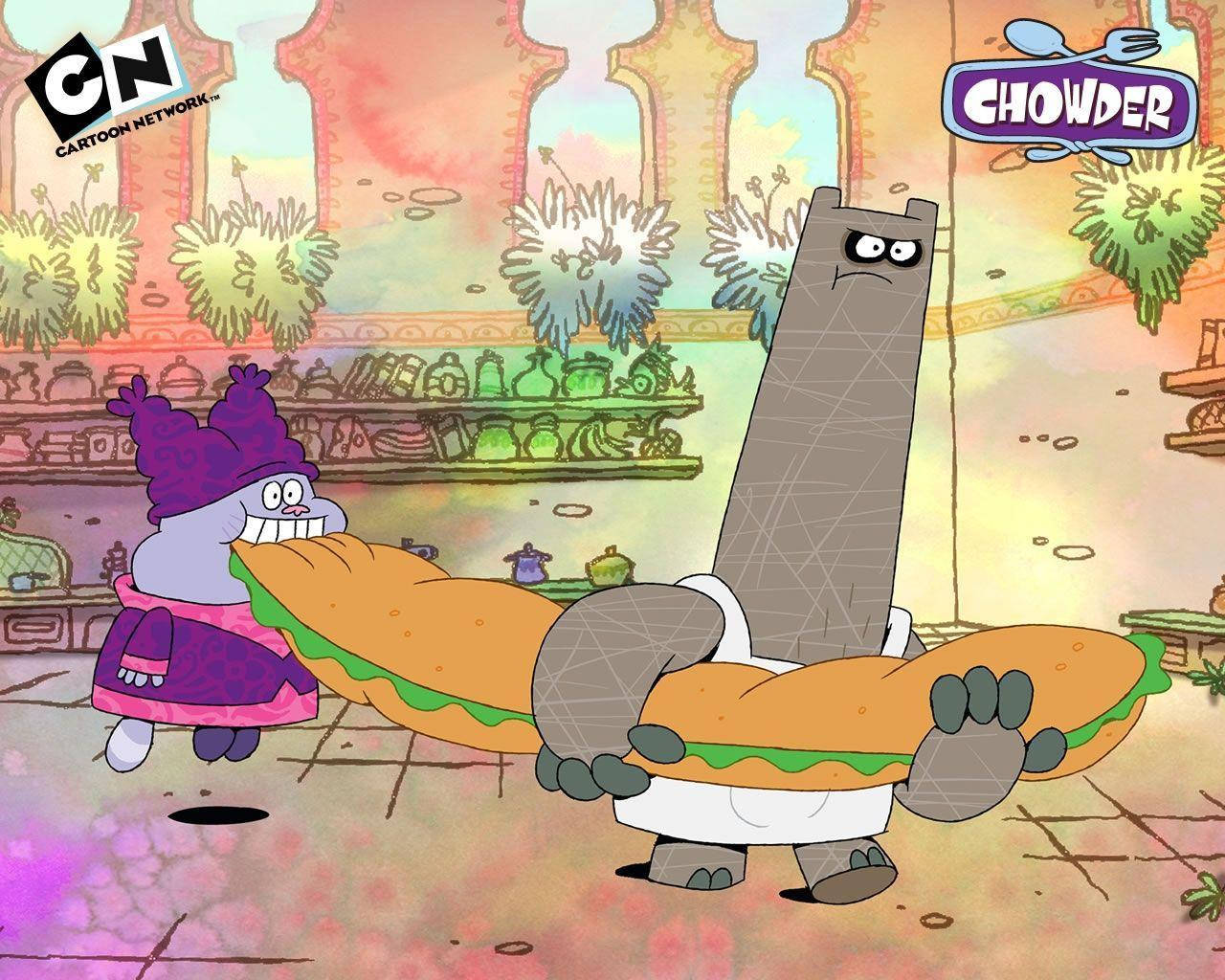 Chowder Cartoon, purple hat, giant sandwich, HD Desktop Wallpaper