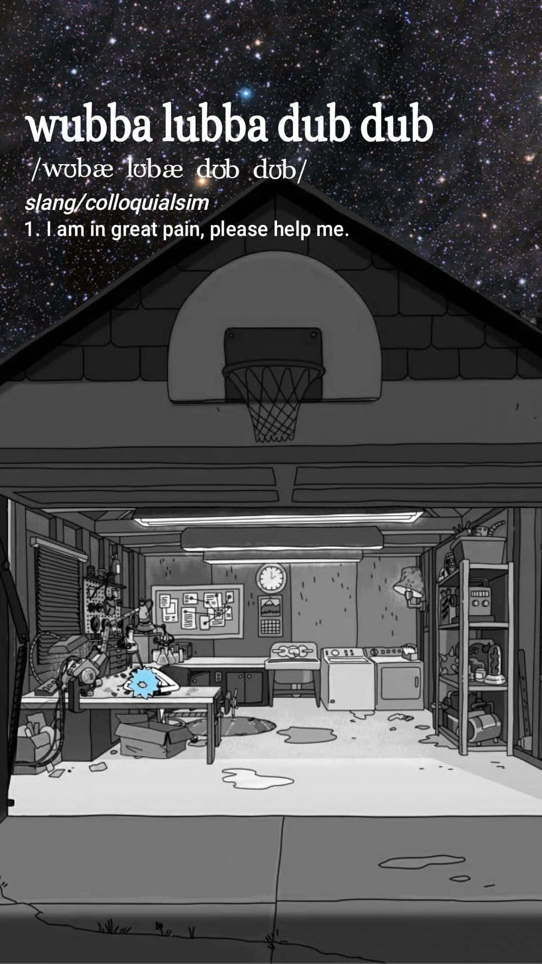 wubba lubba dub dub, black and white cartoon garage, basketball hoop, Full HD Phone Wallpaper