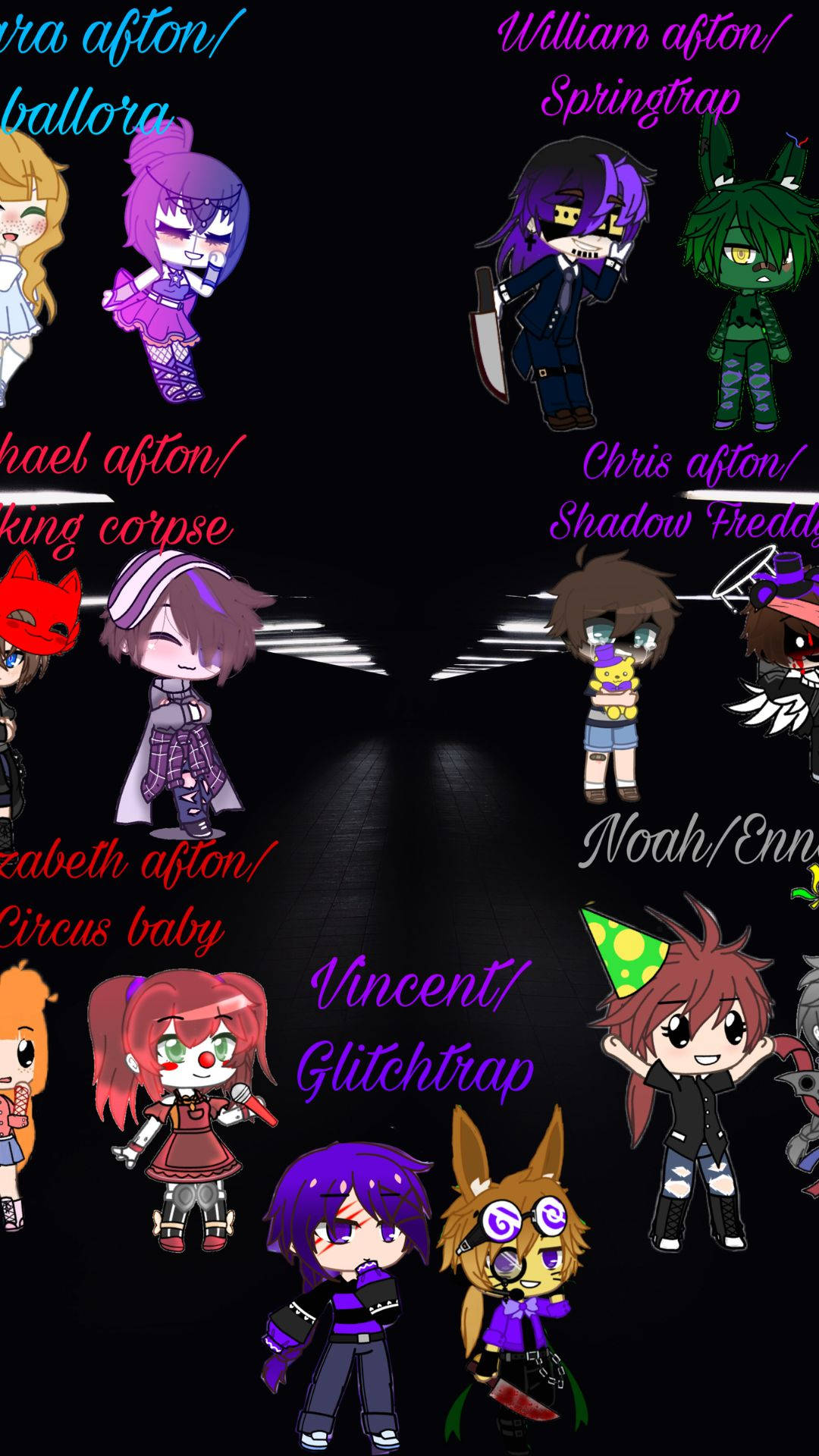 Chris Afton, chibi-style animated characters, vibrant hair and outfits, Full HD Phone Wallpaper