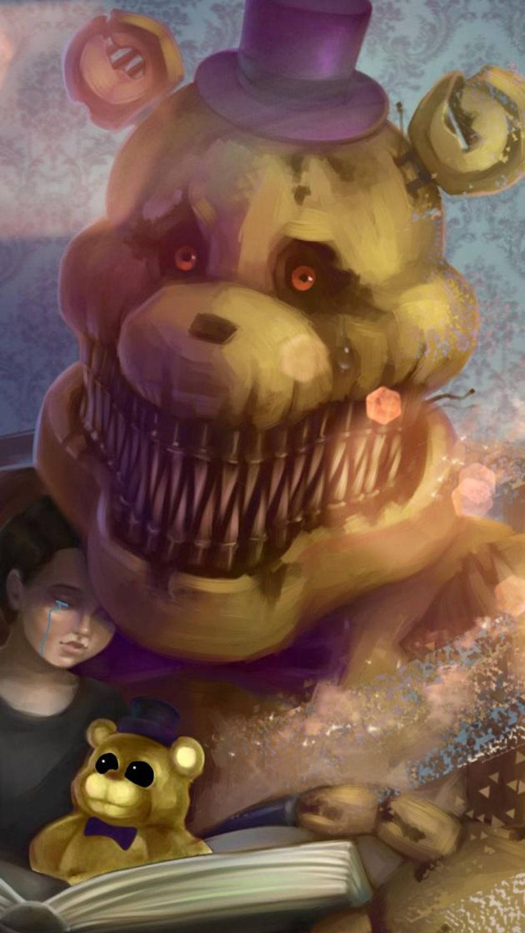 Chris Afton, yellow animatronic bear, purple top hat, Full HD Phone Wallpaper