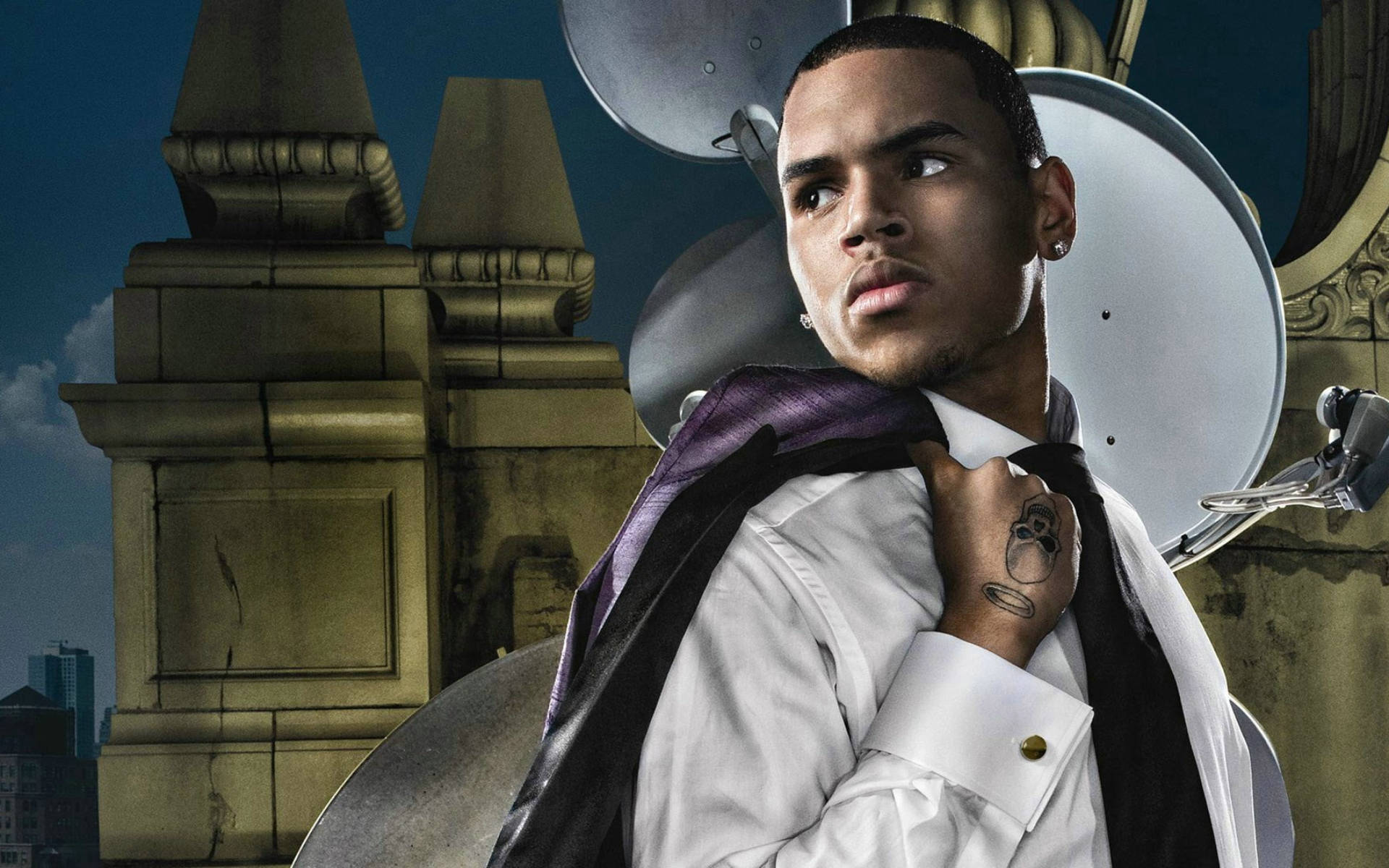 Chris Brown, white shirt, purple tie, Full HD Desktop Wallpaper