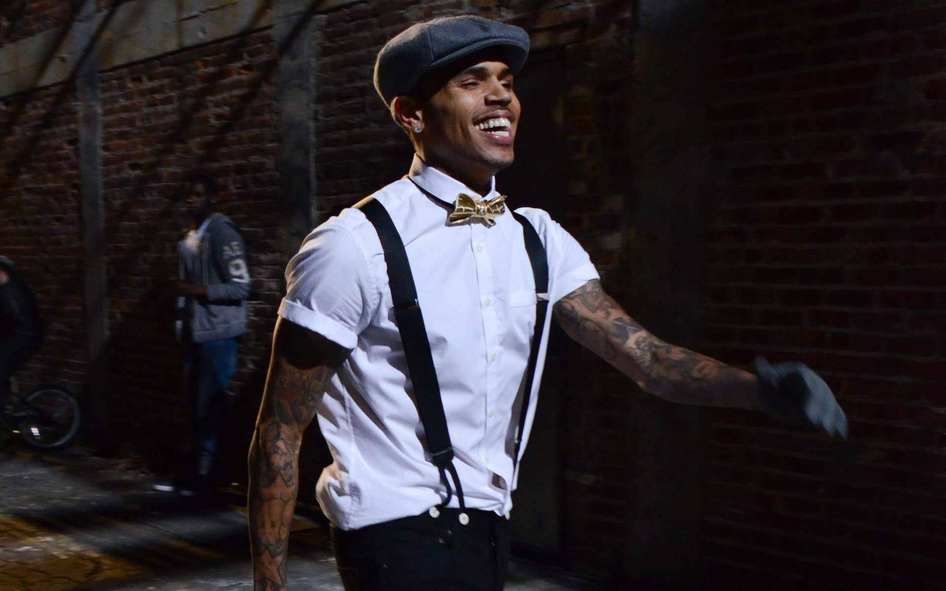 Chris Brown, white shirt, black suspenders, Full HD Desktop Wallpaper