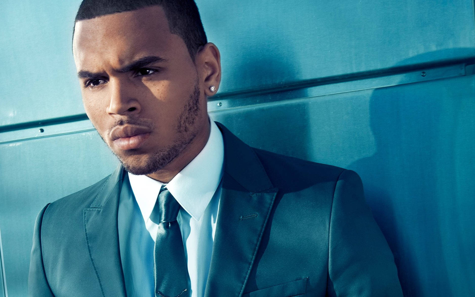 Chris Brown, teal suit, blue metallic wall, Full HD Desktop Wallpaper