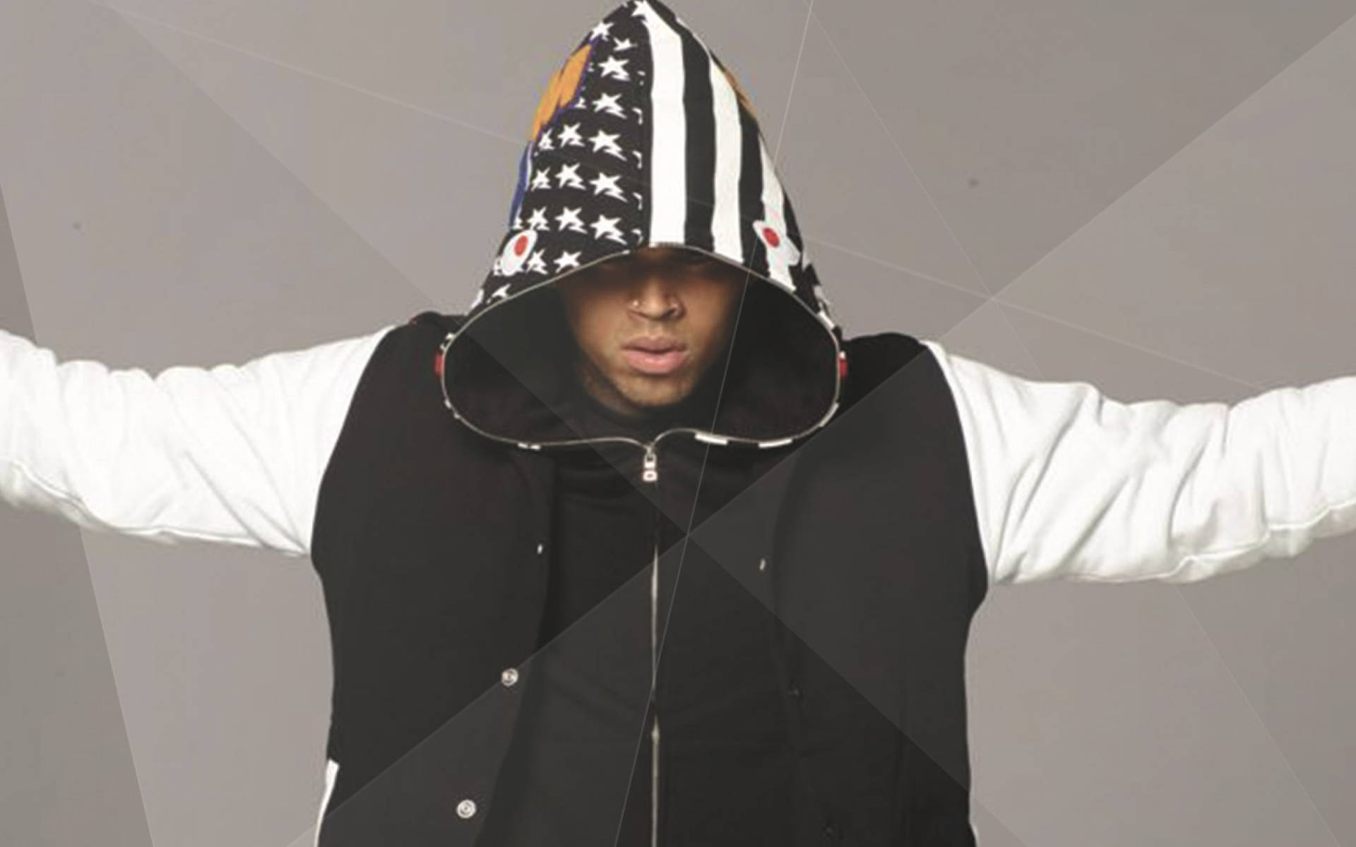 Chris Brown, black and white star-patterned hoodie, geometric gray background, Full HD Desktop Wallpaper