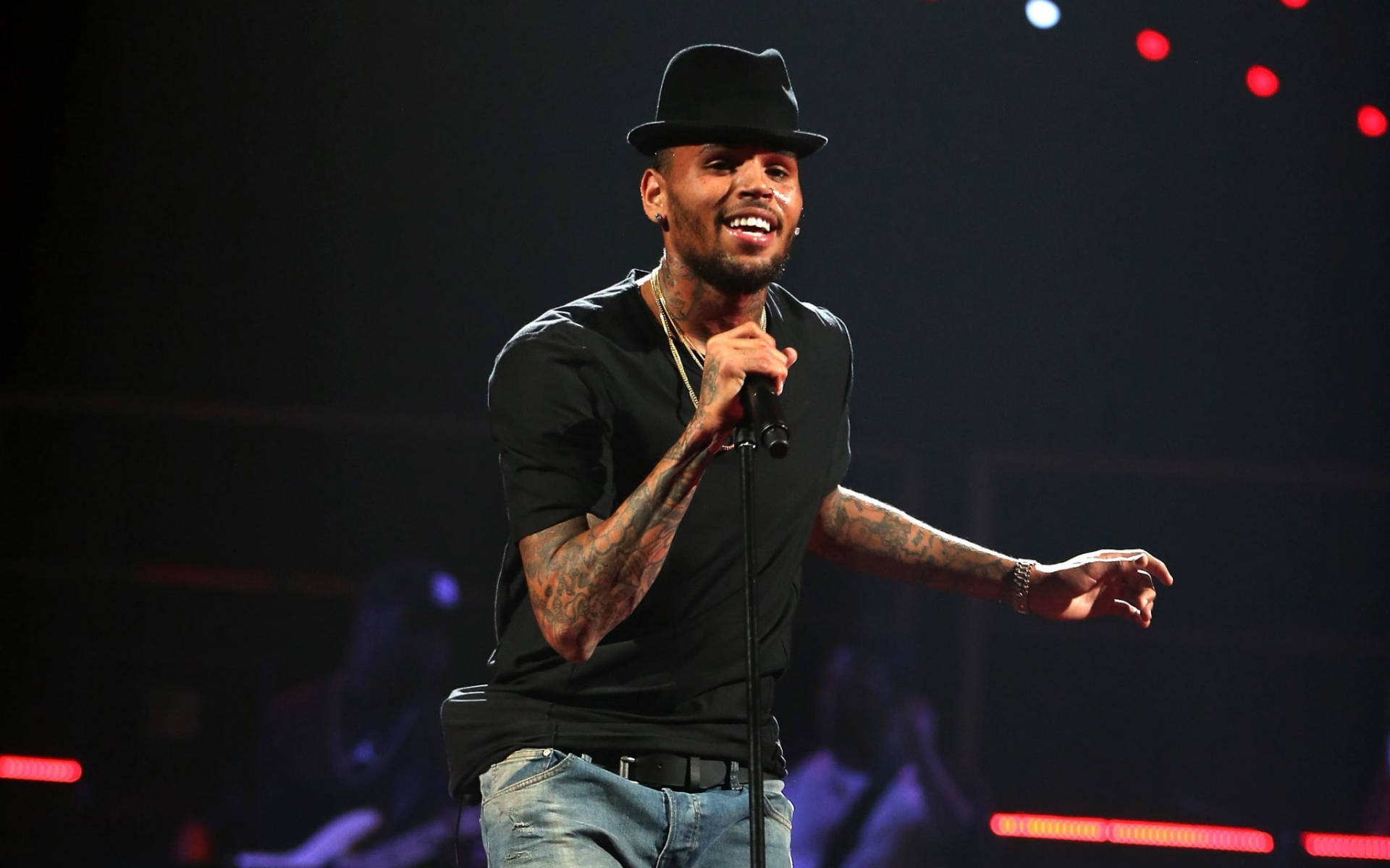 Chris Brown, black fedora, tattoos, Full HD Desktop Wallpaper