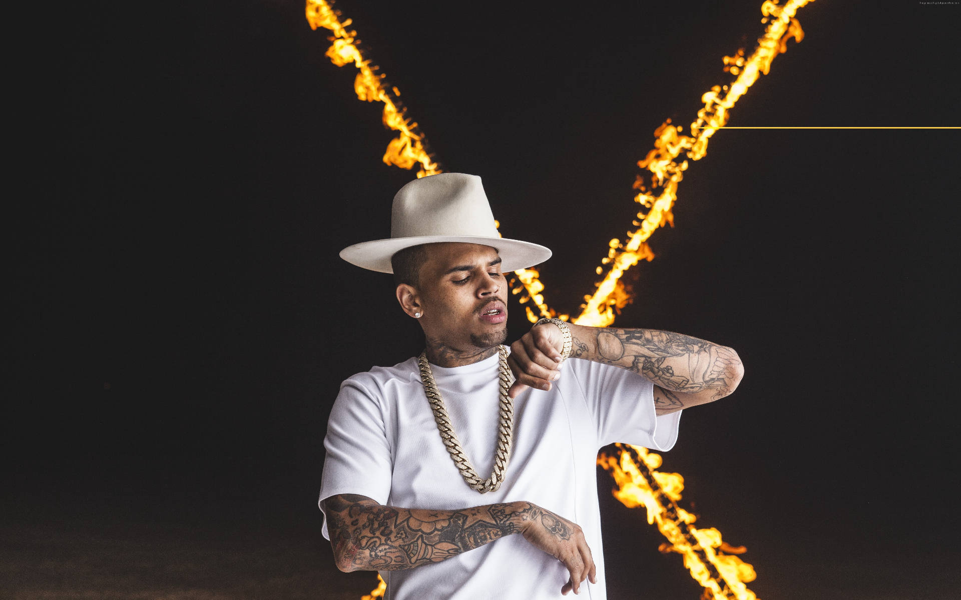 Chris Brown, all white outfit, white hat, Full HD Desktop Wallpaper