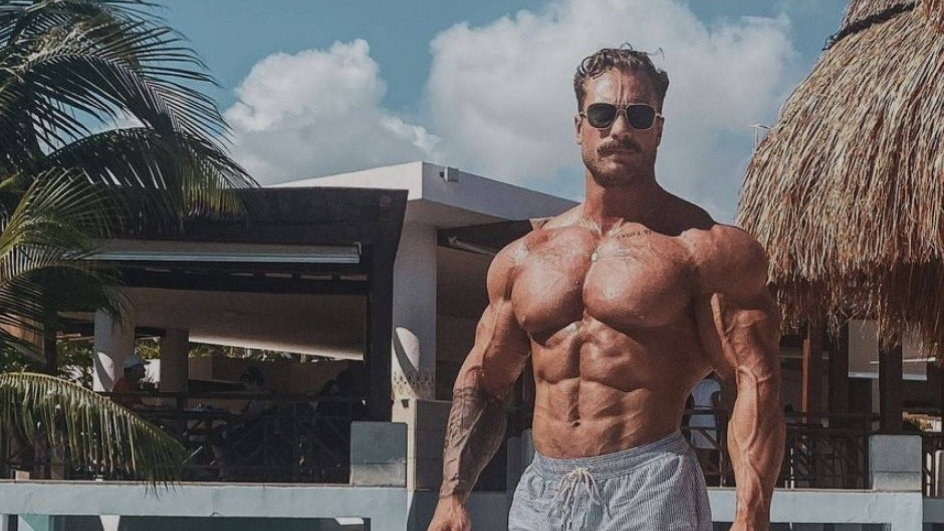 Chris Bumstead, bright blue sky, palm trees, Full HD Desktop Wallpaper