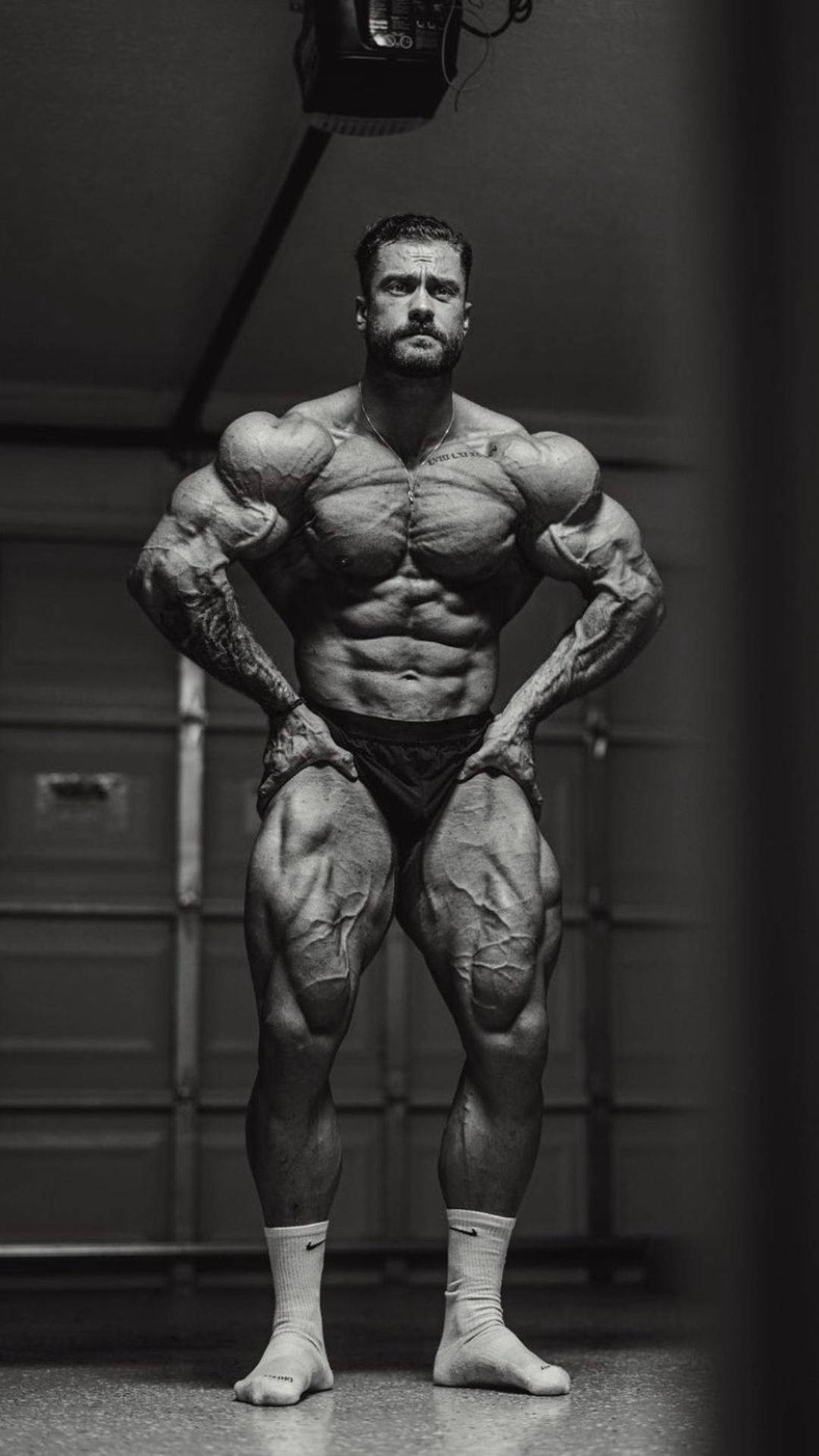 Chris Bumstead, monochrome gym, dramatic lighting, Full HD Phone Wallpaper