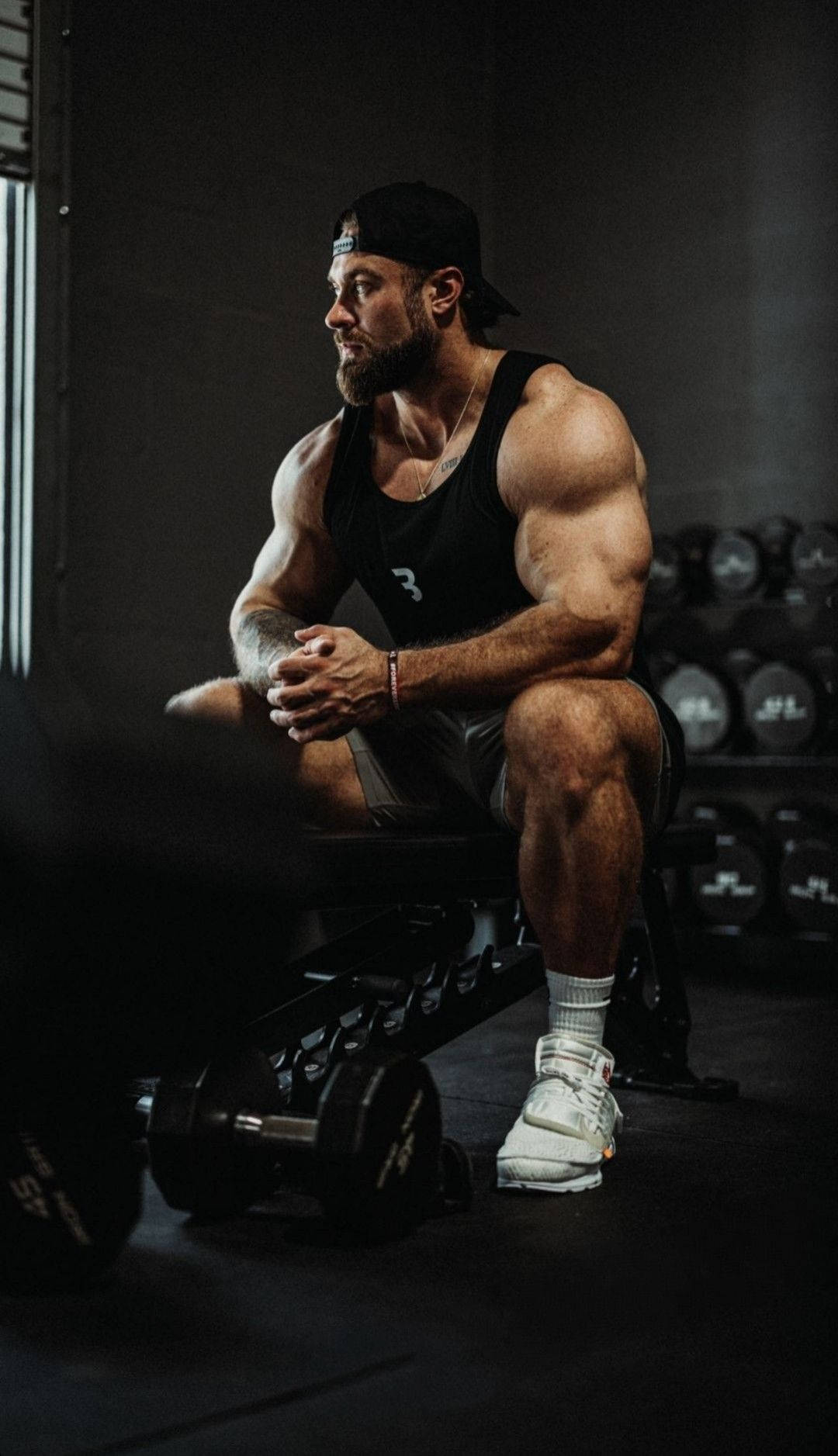 Chris Bumstead, weight bench, dim gym, HD Phone Wallpaper