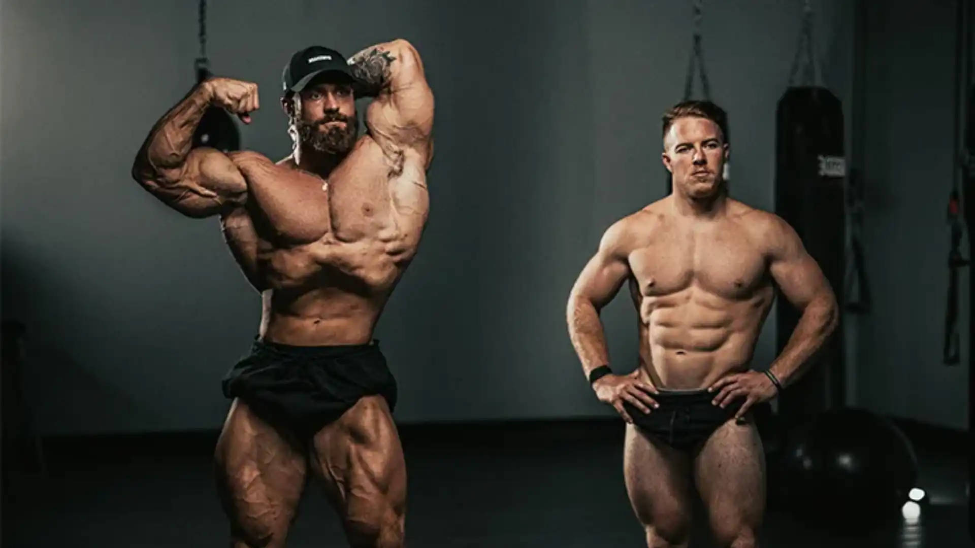 Chris Bumstead, fellow bodybuilder, dimly lit gym, Full HD Desktop Wallpaper