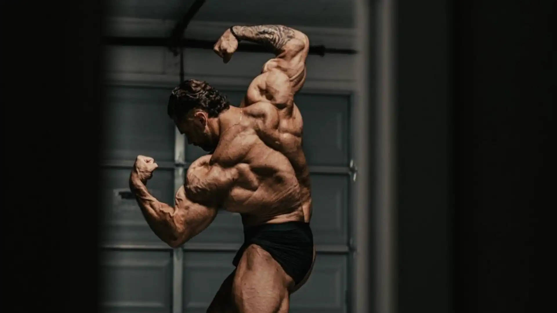 Chris Bumstead, dimly lit gym, garage door background, Full HD Desktop Wallpaper