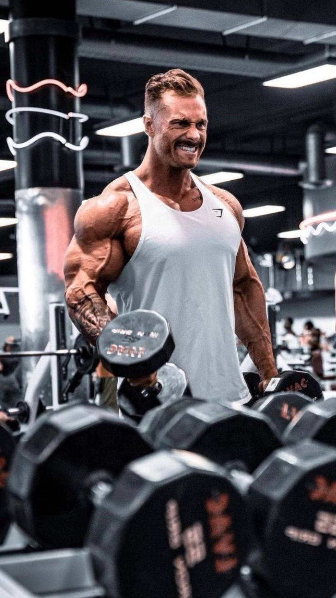 Chris Bumstead, white tank top, neon accents, Full HD Phone Wallpaper