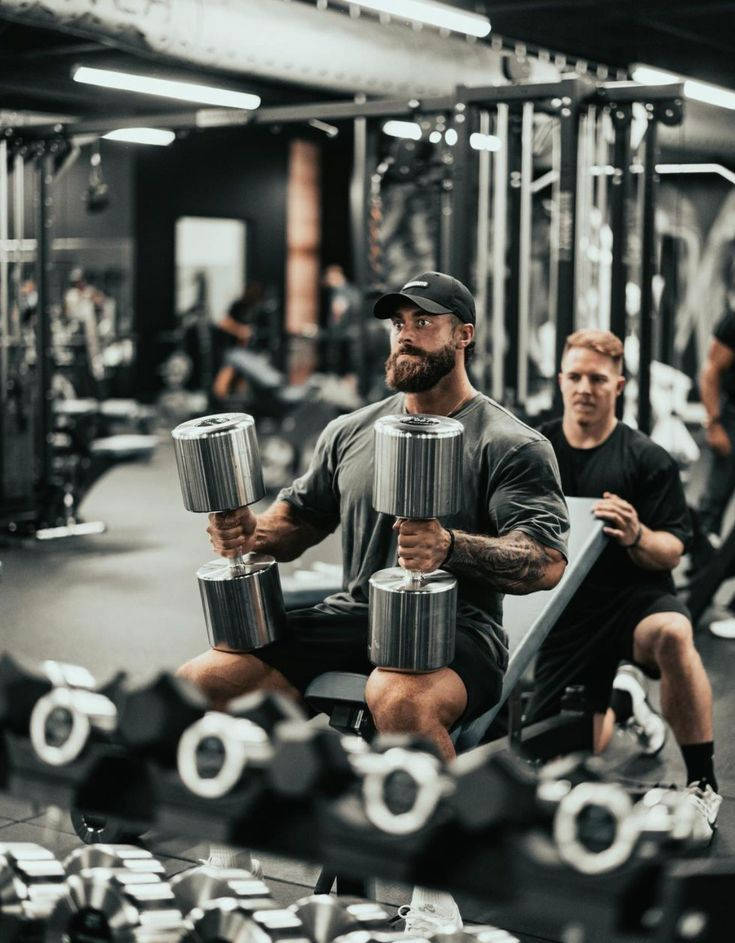 Chris Bumstead, two large dumbbells, modern gym, SD Phone Wallpaper
