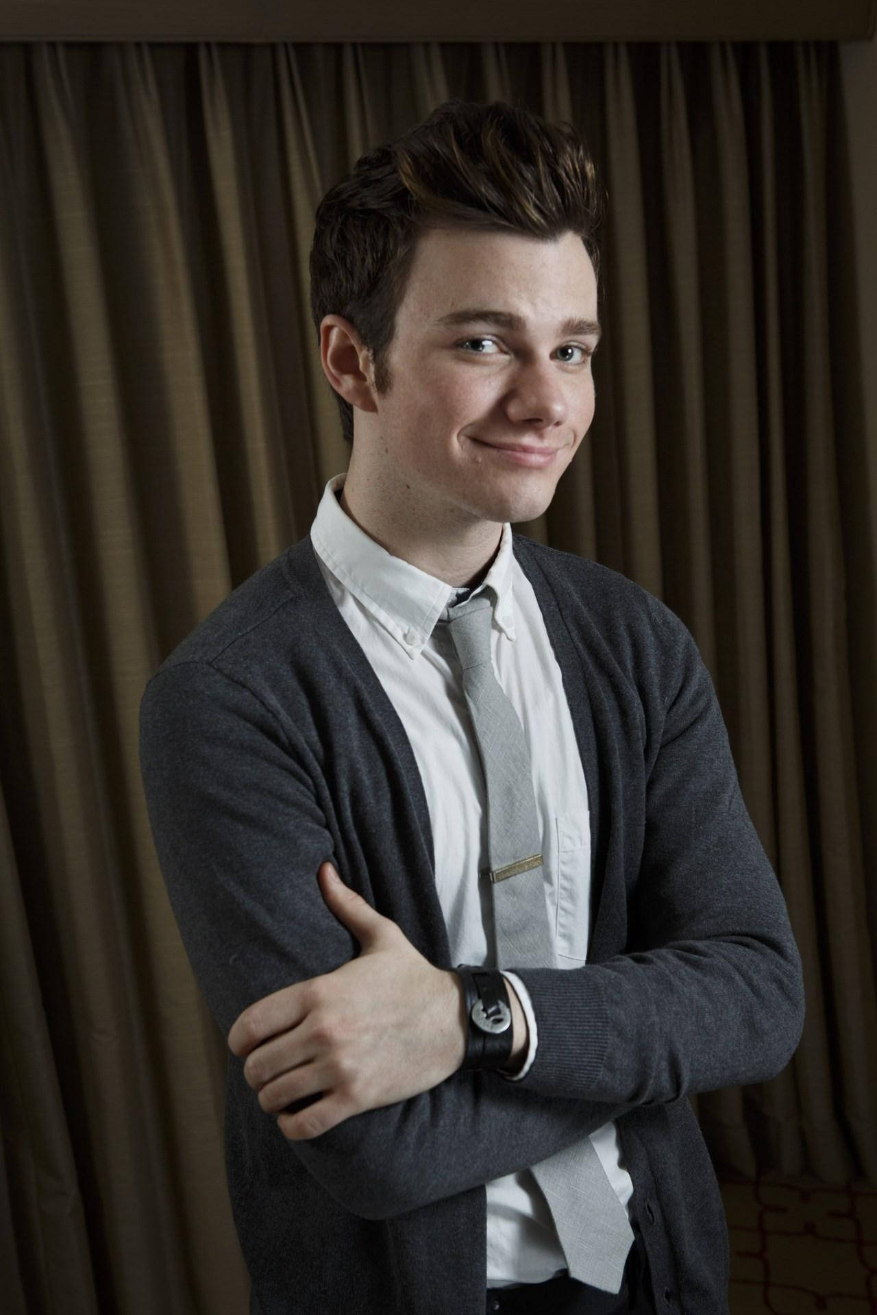 Chris Colfer, gray cardigan, white shirt, HD Phone Wallpaper