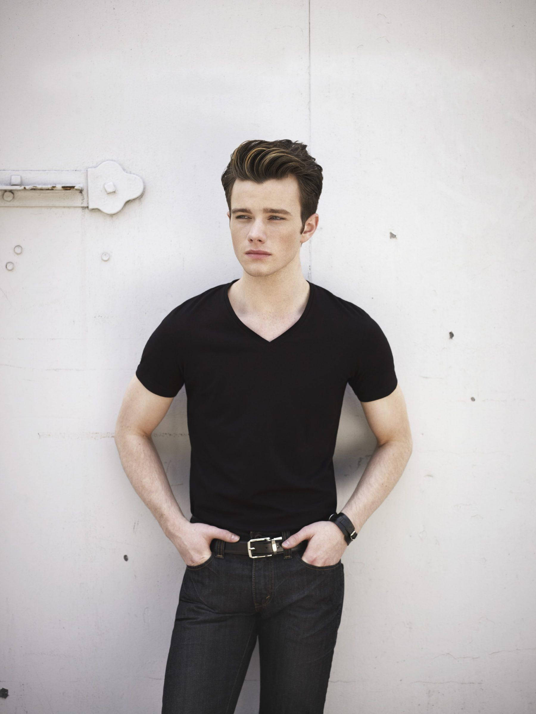 Chris Colfer, black v-neck shirt, jeans, Full HD Phone Wallpaper
