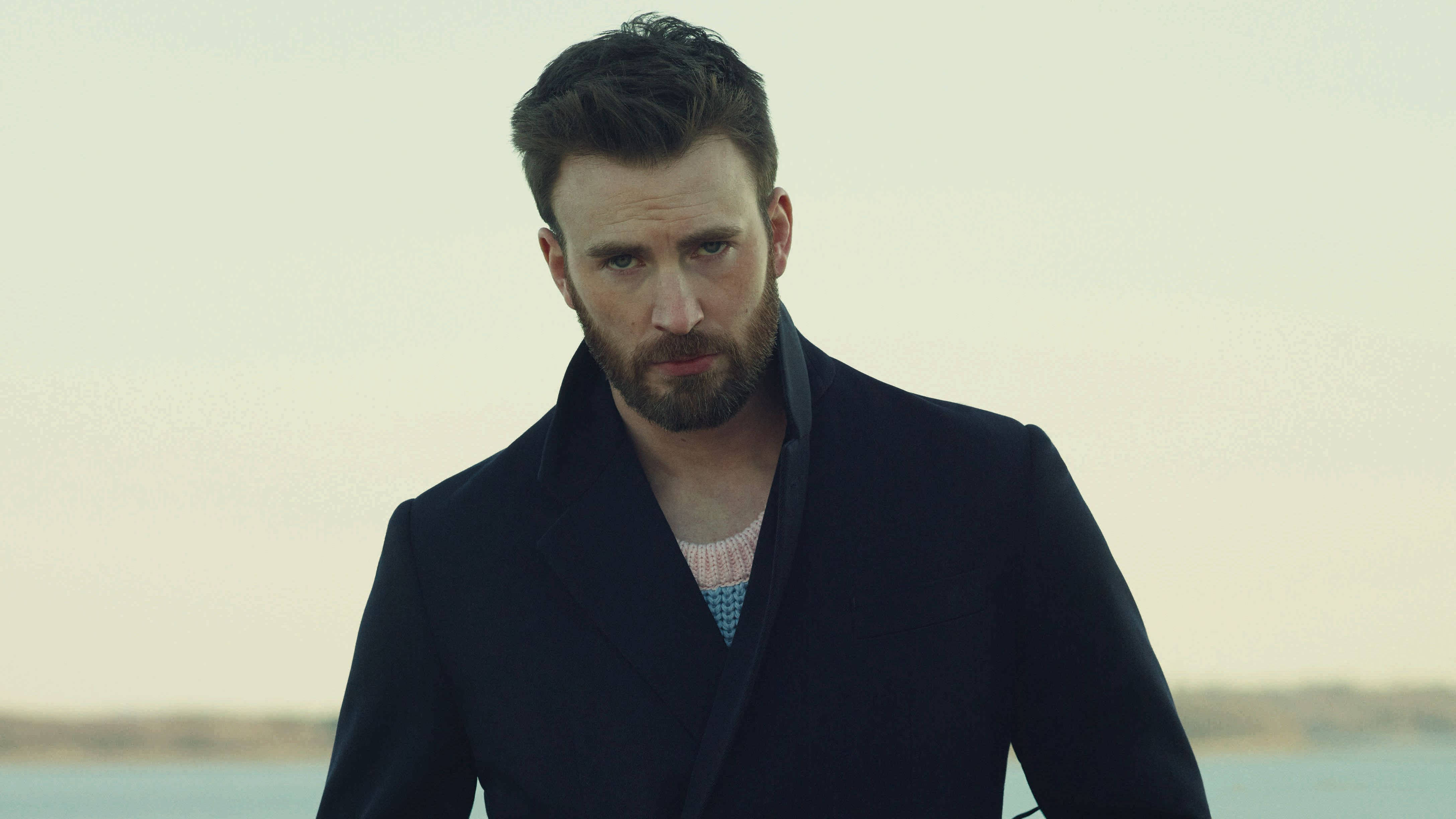 Chris Evans, dark coat, water, 4K Desktop Wallpaper