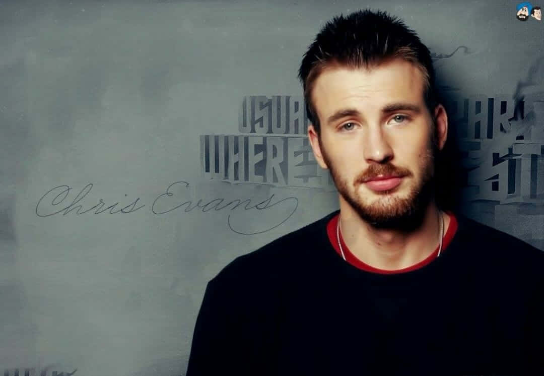 Chris Evans, textured gray wall, name scripted behind him, SD Desktop Wallpaper