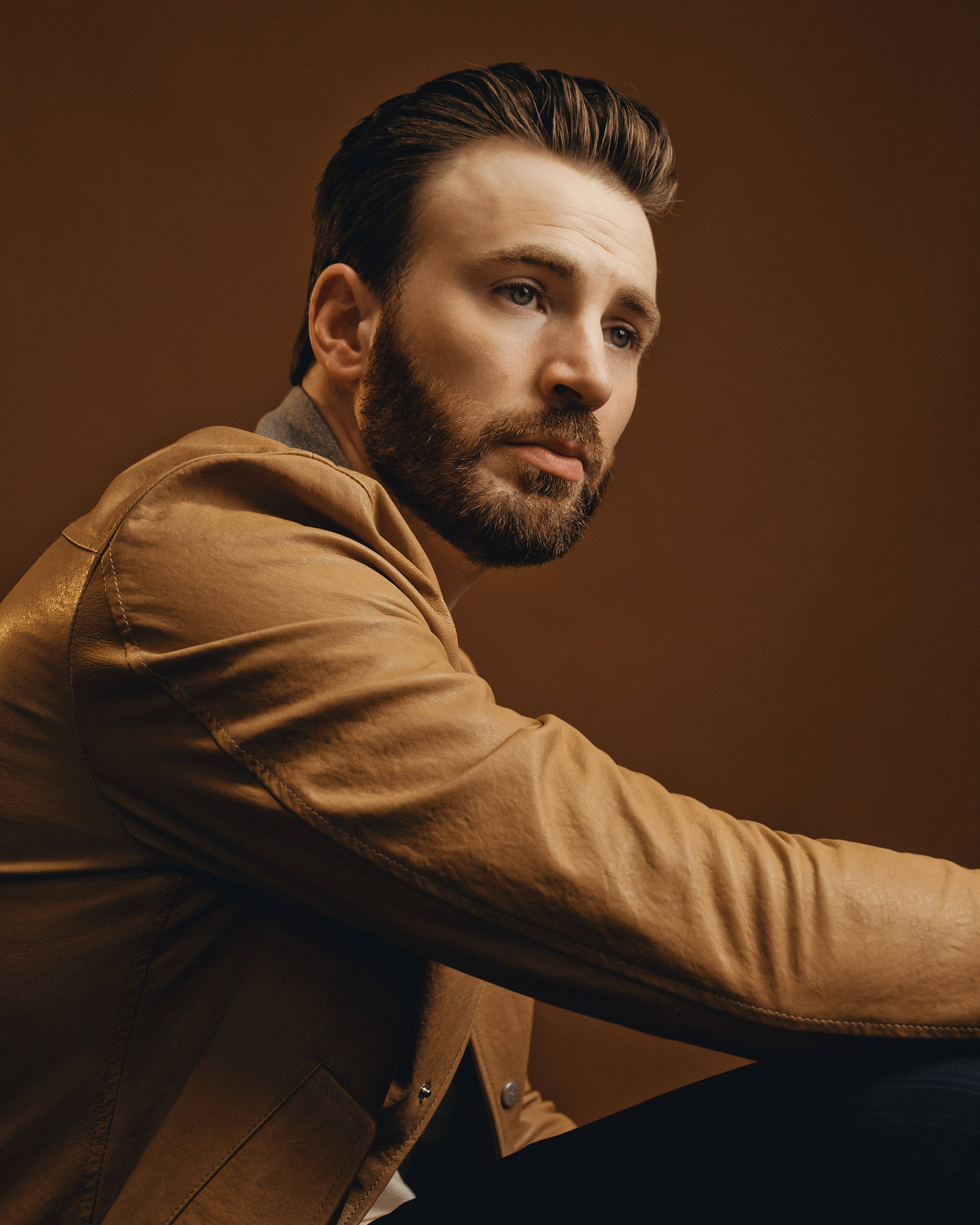 Chris Evans, tan leather jacket, beard, Full HD Phone Wallpaper