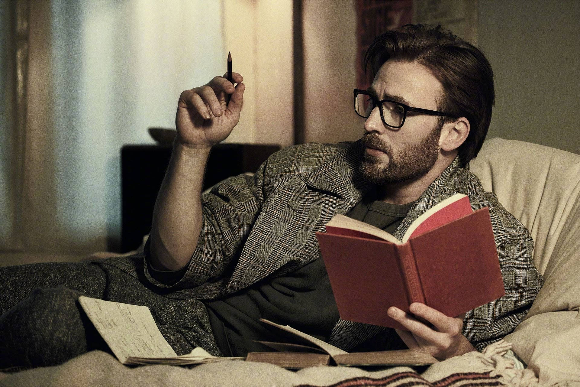 Chris Evans, red book, glasses, Full HD Desktop Wallpaper