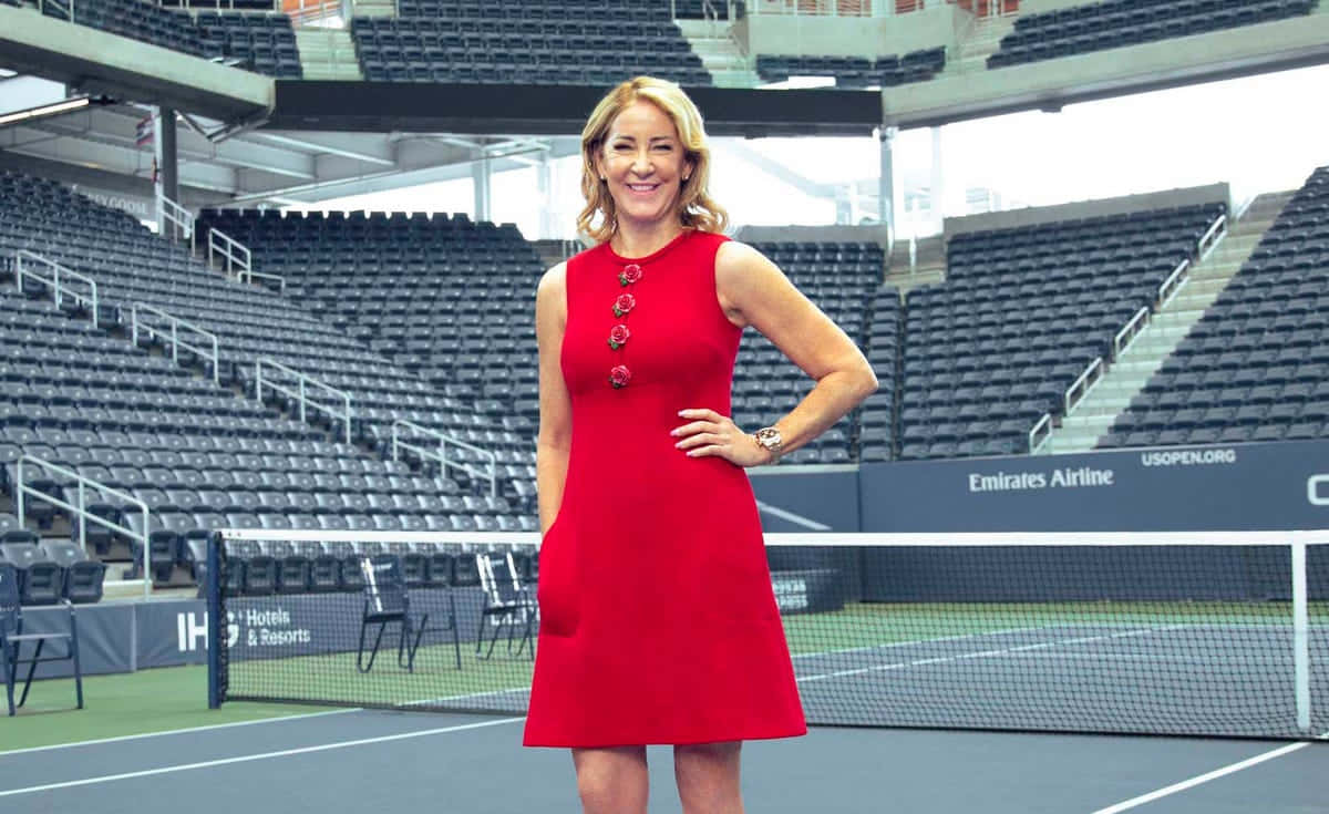 Chris Evert, vibrant red dress, tennis court, SD Desktop Wallpaper