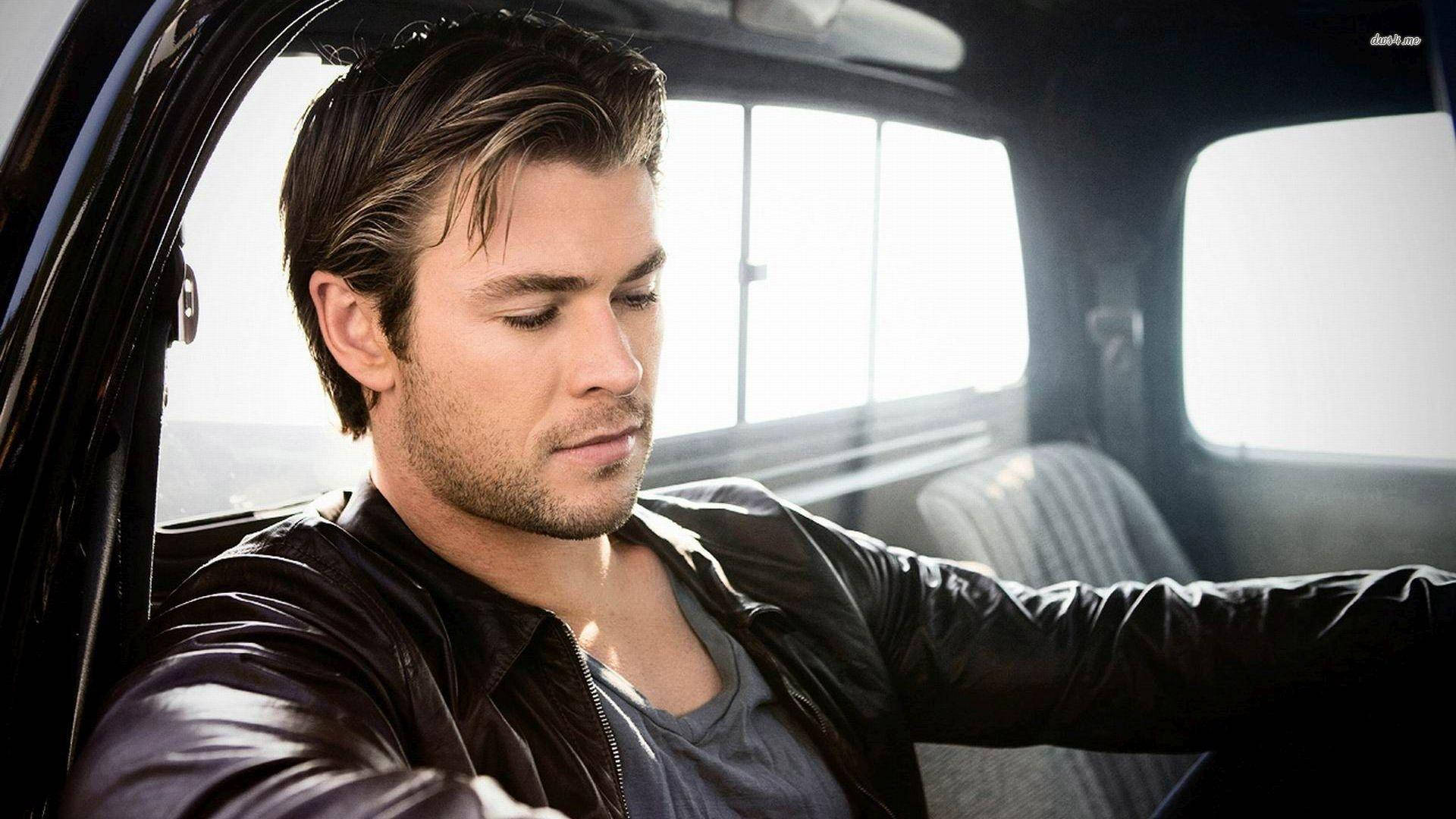 Chris Hemsworth, black leather jacket, luxurious car, Full HD Desktop Wallpaper