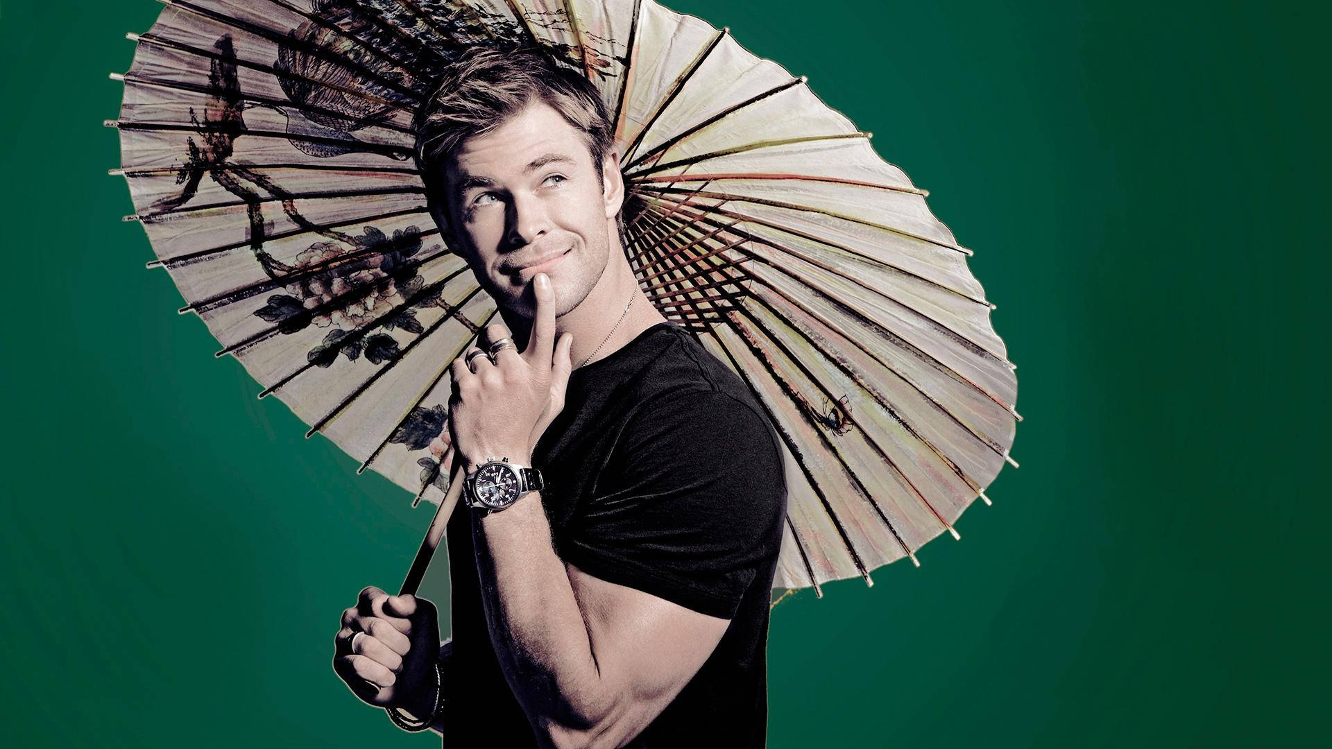 Chris Hemsworth, black t-shirt, decorative paper umbrella, Full HD Desktop Wallpaper
