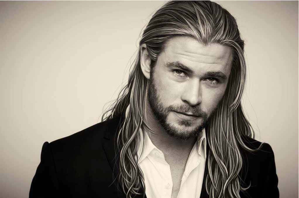 Chris Hemsworth, sepia-toned portrait, long wavy hair, SD Desktop Wallpaper