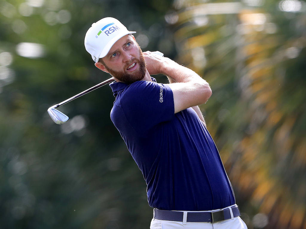 Chris Kirk, golfing stance, white cap, SD Desktop Wallpaper