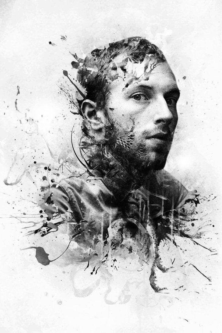Chris Martin, monochrome portrait, ink splatters, SD Phone Wallpaper